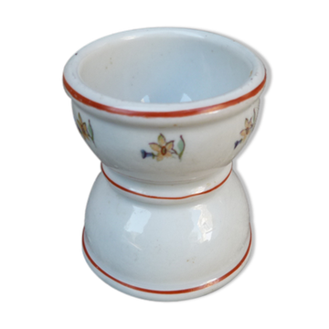 Coquetier ancien forme diabolo en céramique motifs fleurs