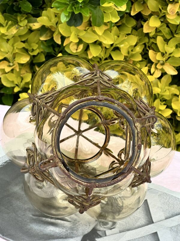 Suspension Applique Ancienne Vénitienne en Verre Soufflé & Fer Forgé