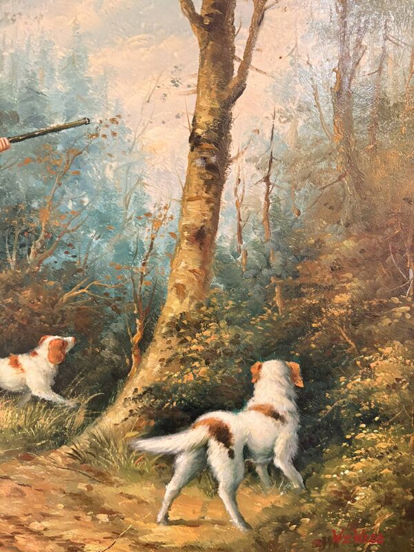 Tableau Peinture Huile Panneau HSP EDWARD WEBB Chasse Cour Chien Forêt