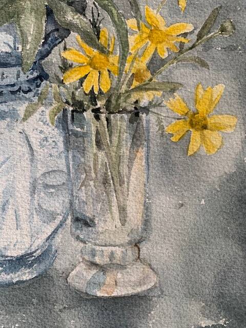 Old watercolor signed Jany. F. Millet (1926-1992), bouquet of flowers under framed glass, 1950