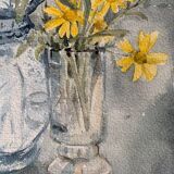 Old watercolor signed Jany. F. Millet (1926-1992), bouquet of flowers under framed glass, 1950