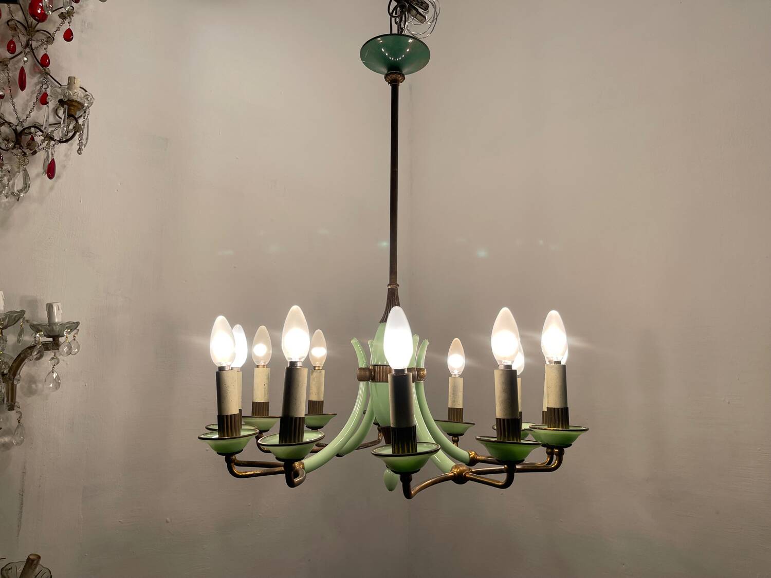 1950’s Opaline Glass Bronze Chandelier