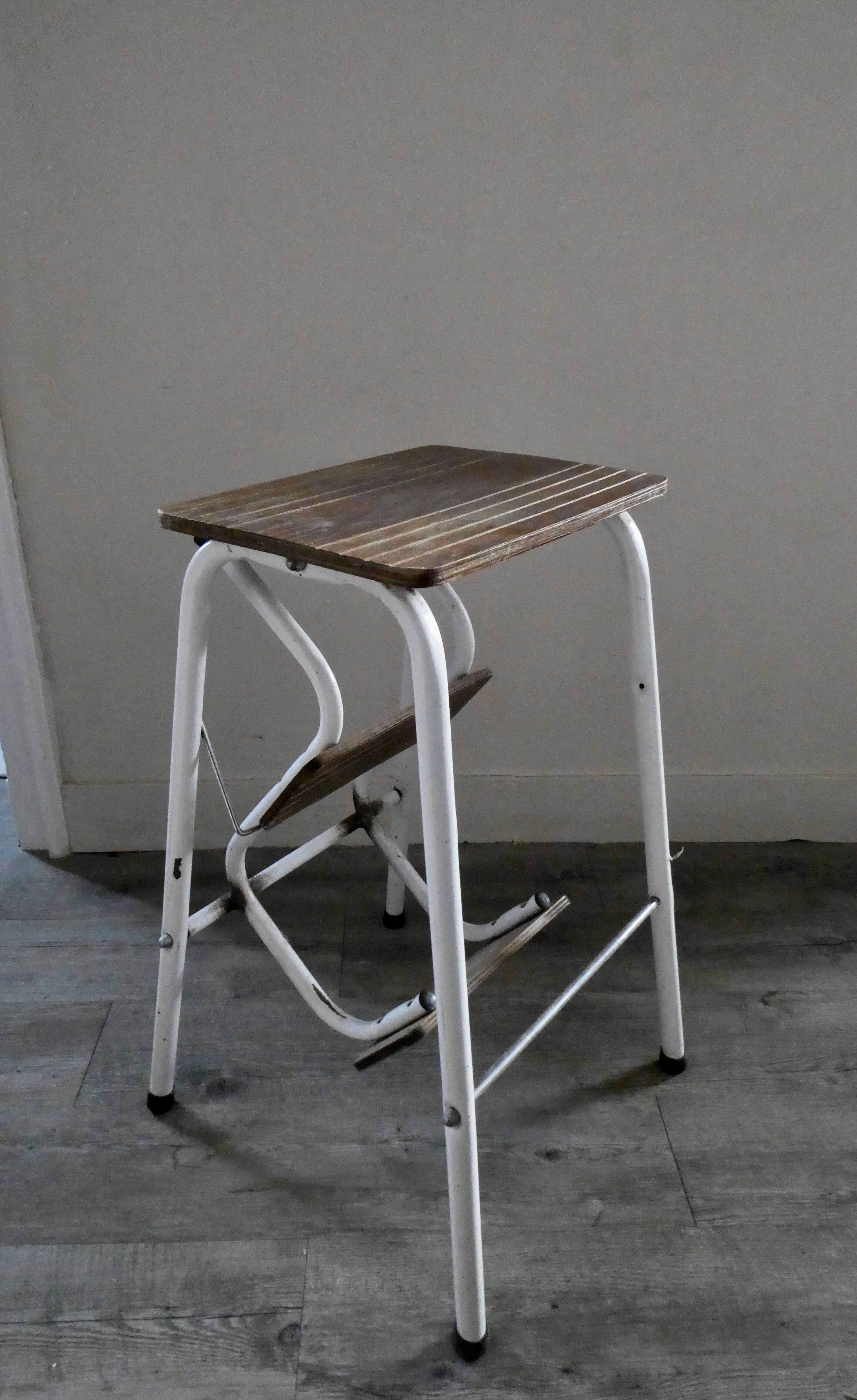 Stool step stool with 3 steps in wood and metal, 1960s