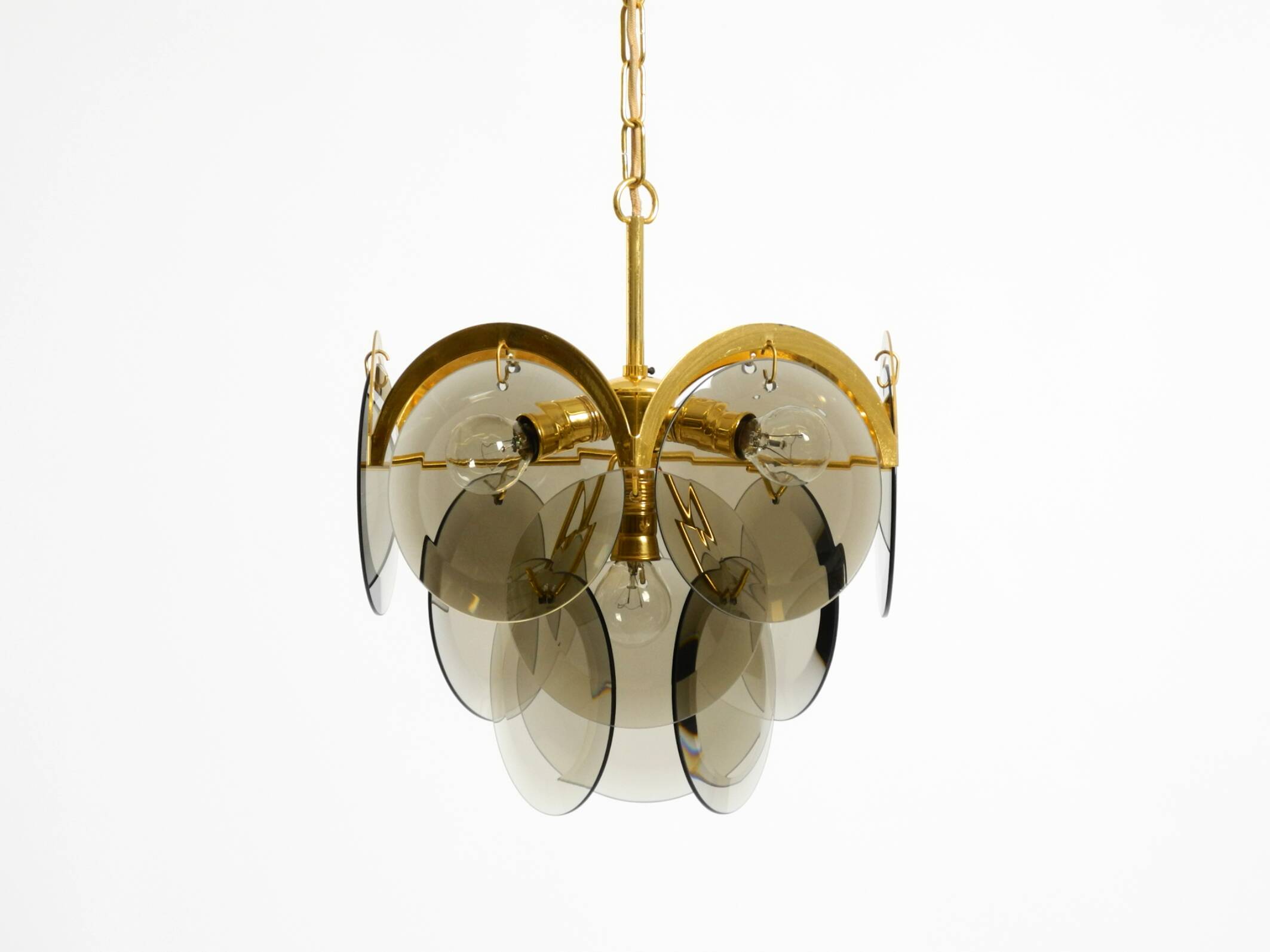 60s large brass ceiling chandelier with large round glass plates