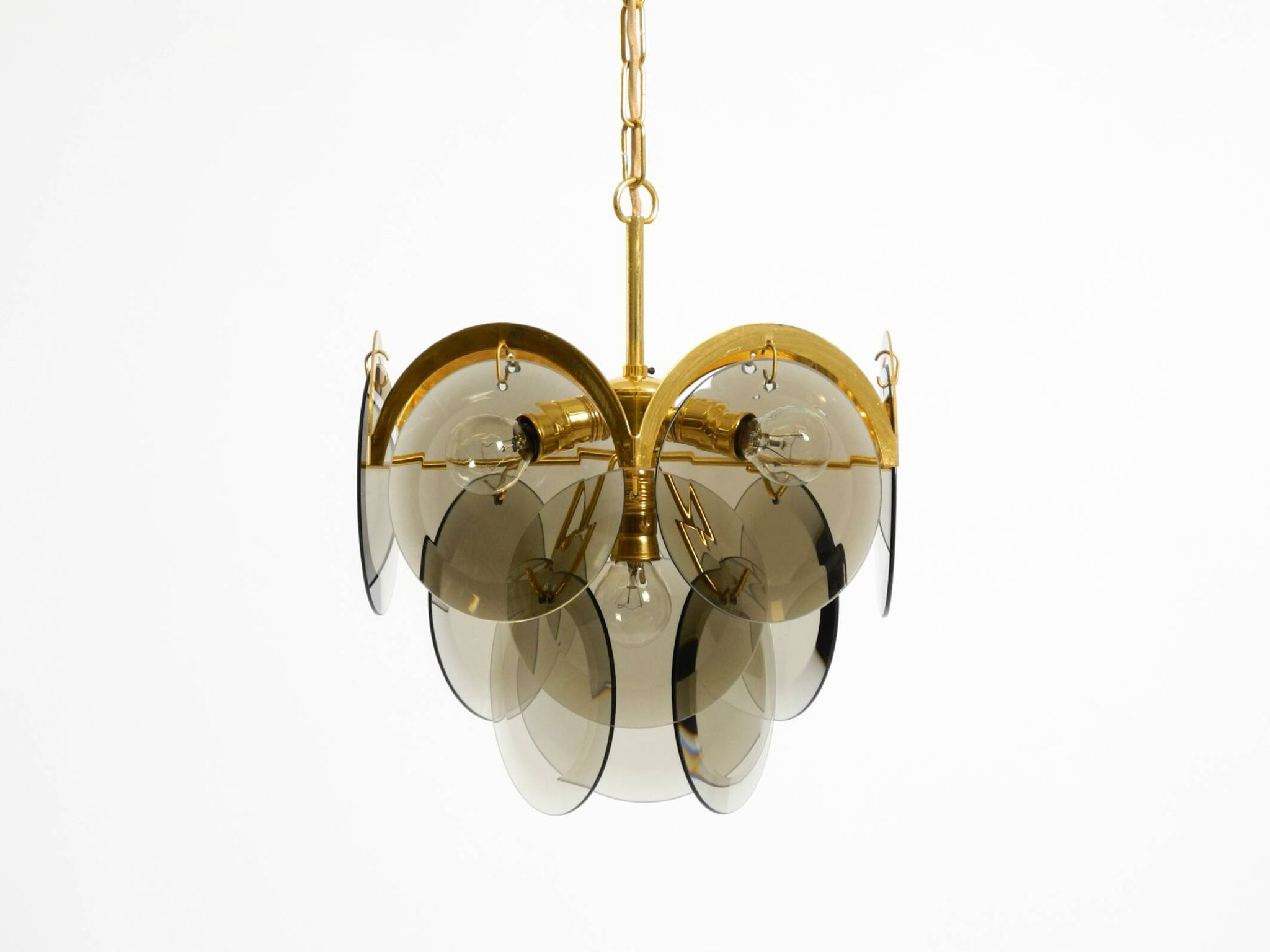 60s large brass ceiling chandelier with large round glass plates