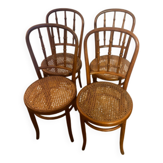 Set of 4 vintage Fischel bistro chairs in curved wood and cane