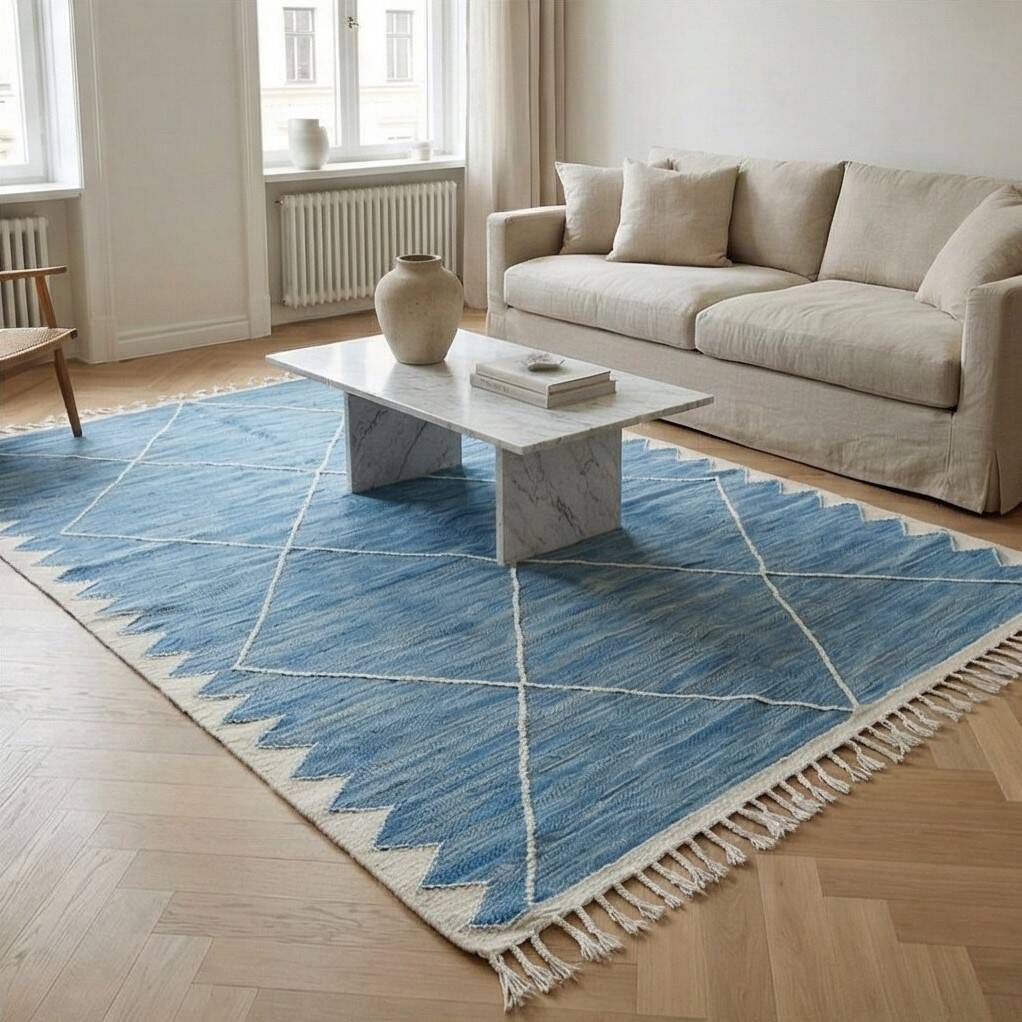 Blue Zanafi rug with white diamonds 200x300 cm