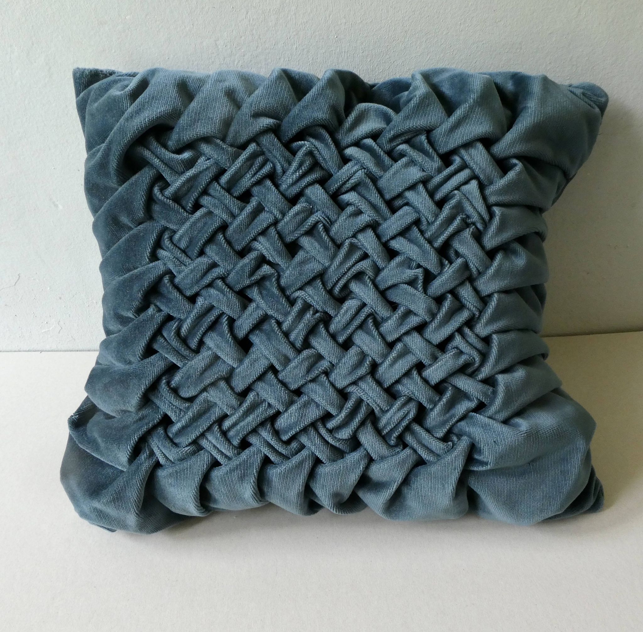 Pair of old cushions, in duck blue velvet, pleated effect