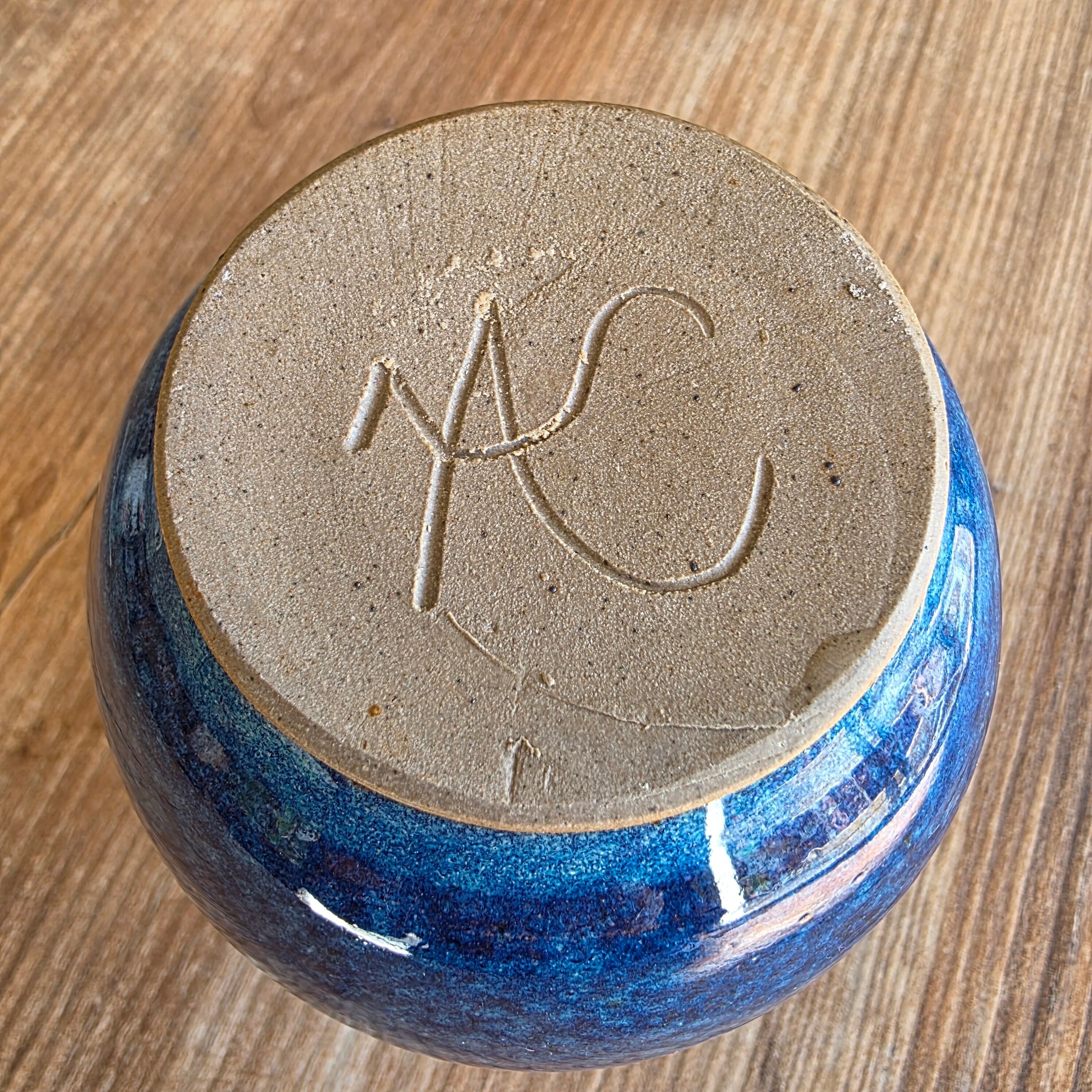 Vintage Glazed Stoneware Ball Vase - Deep Variegated Blue - Signed