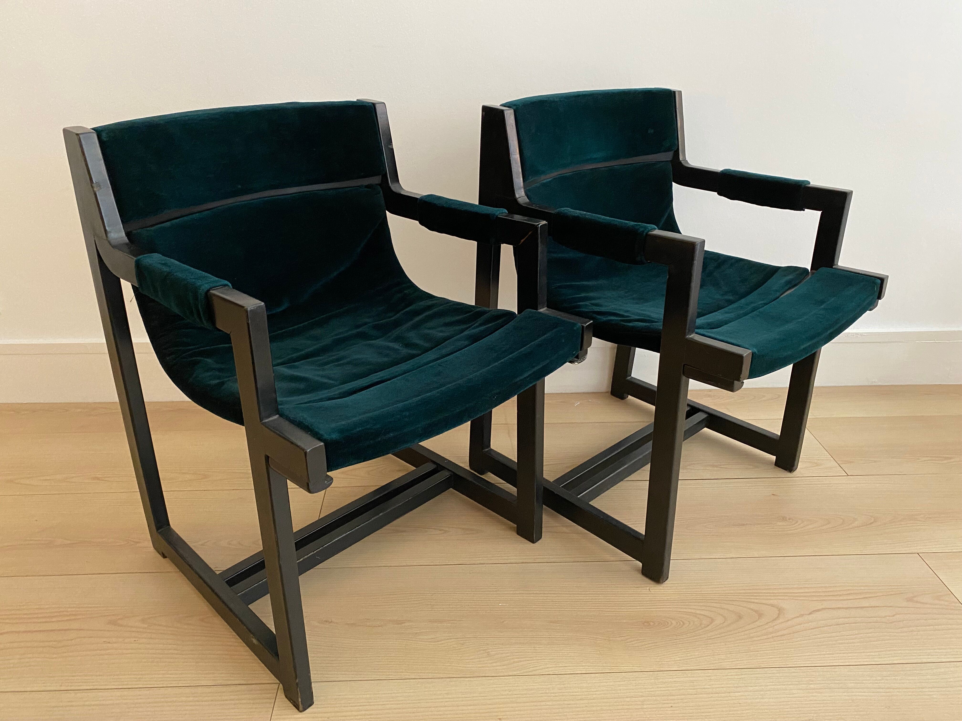 Vintage armchair in green velvet and black wood