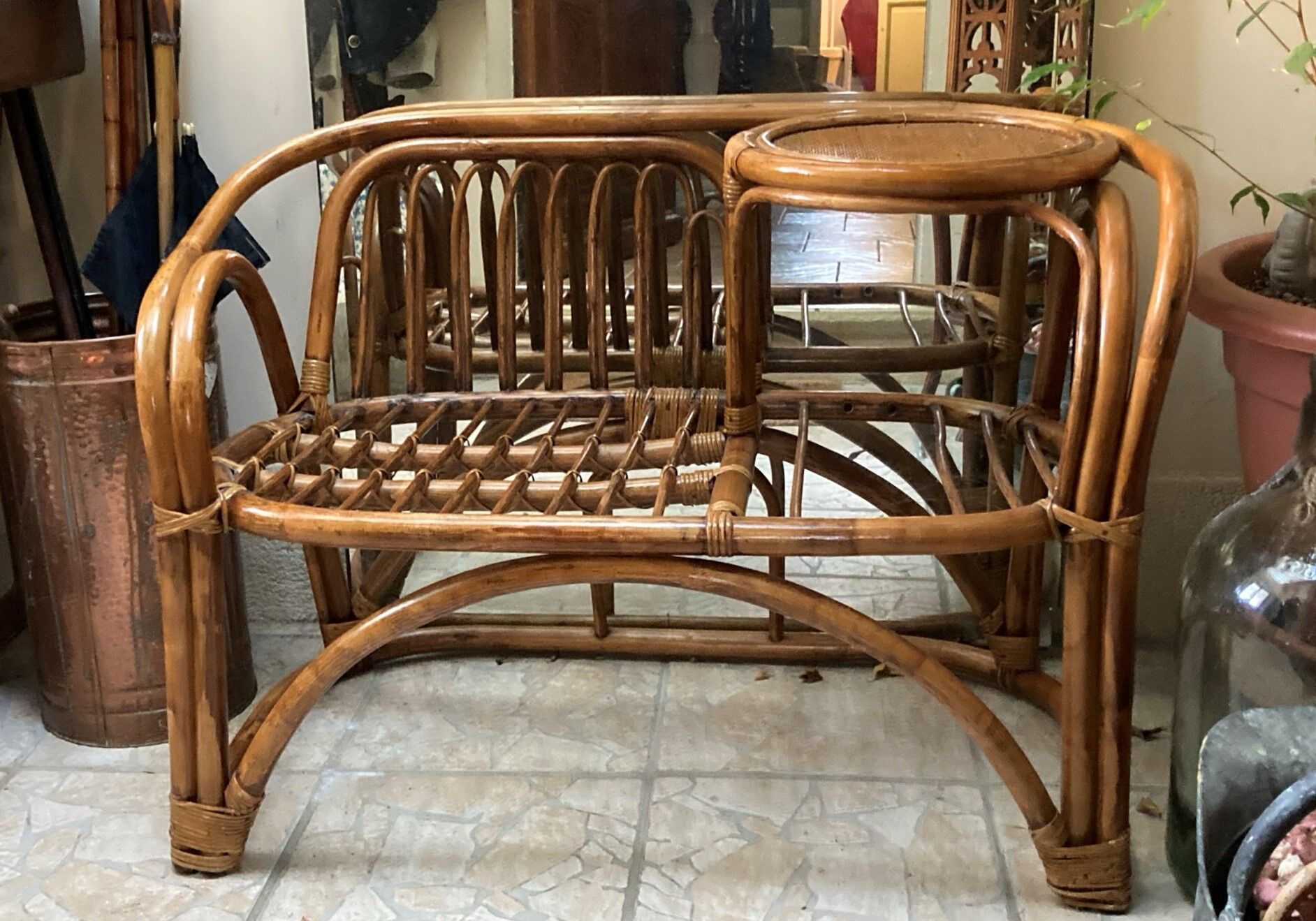 Vintage Scandinavian rattan bench tablet 1960s