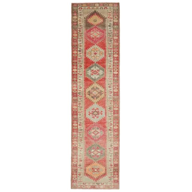 1970s Vintage Turkish Hand-Knotted Wool Cotton Red Runner Rug 82x334