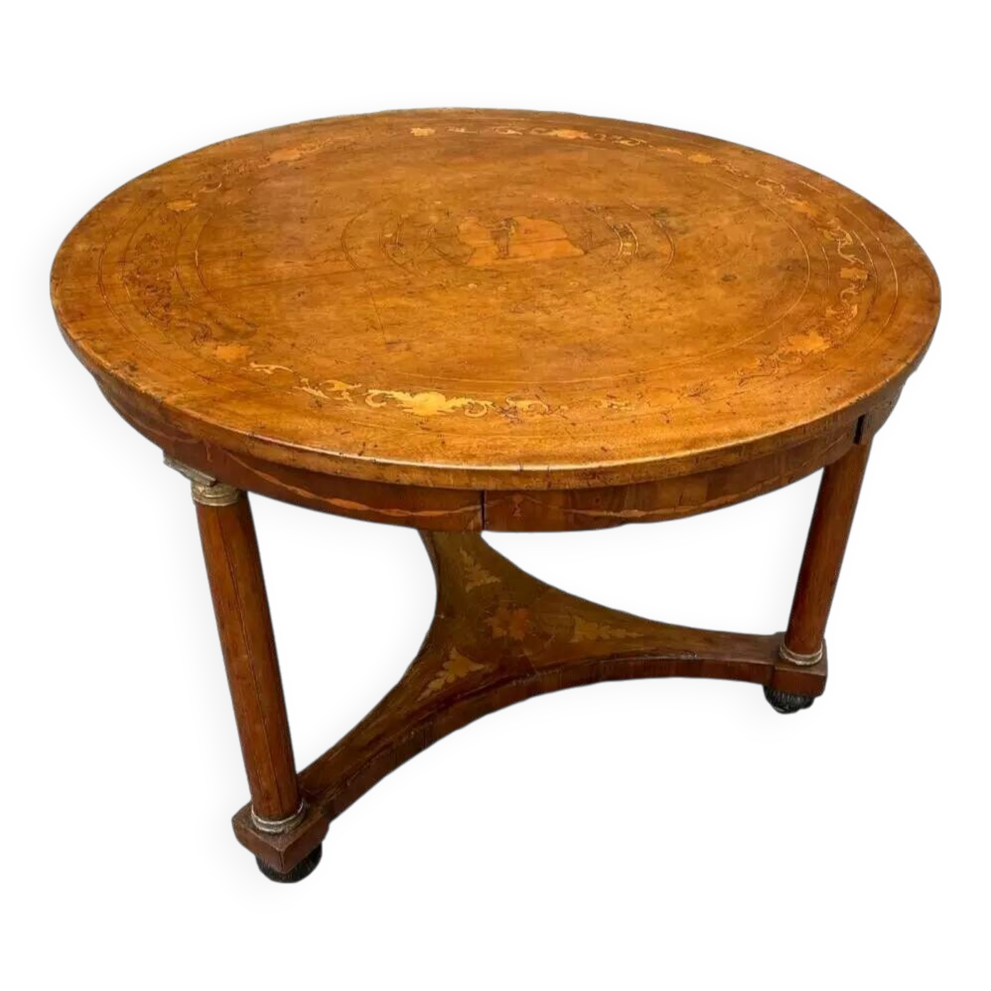 Antique round marquetry Empire table from the early 19th century