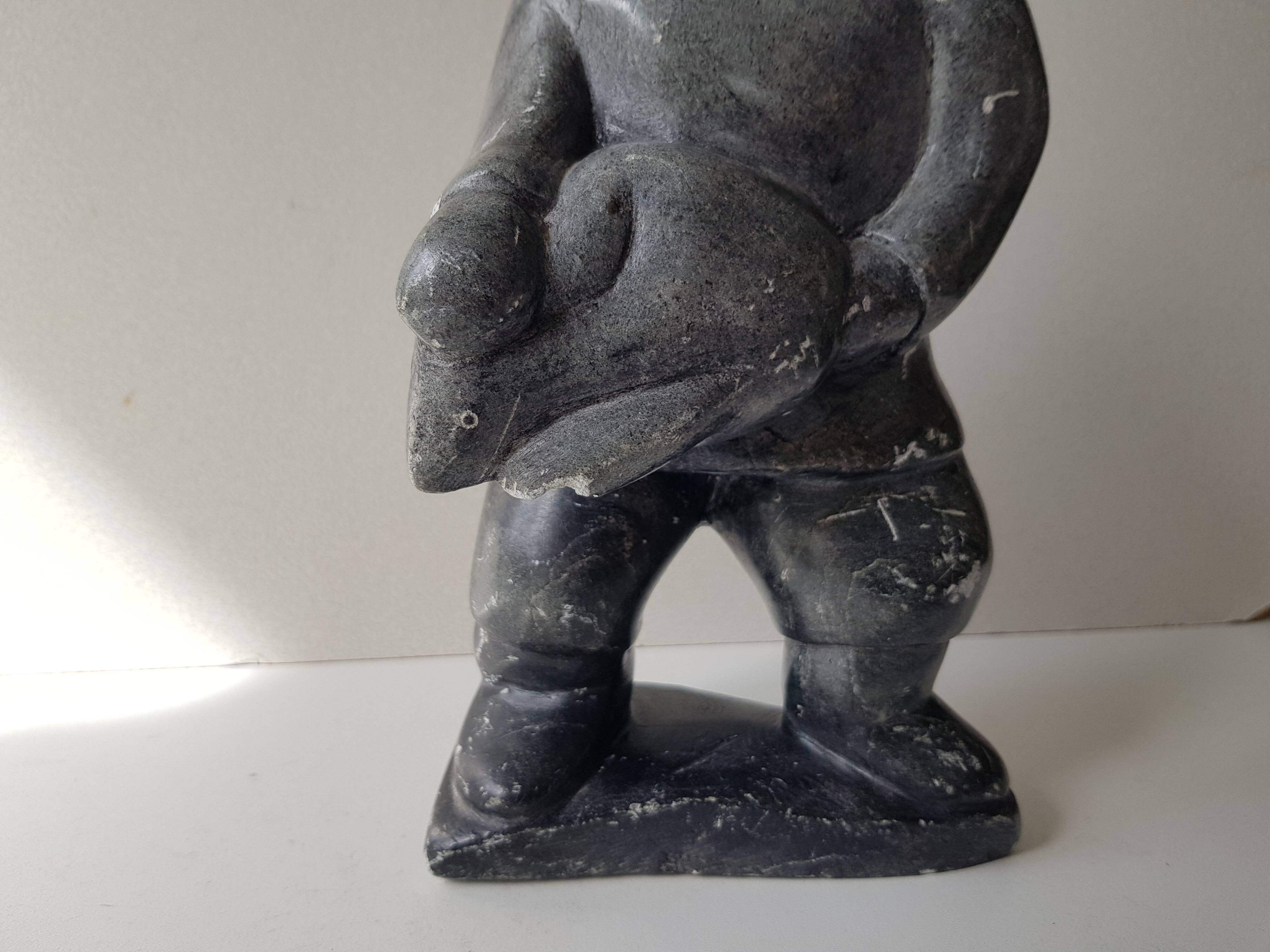 Inuit Art Soapstone Sculpture Eskimo Hunter/Fisherman Signed. 1960s