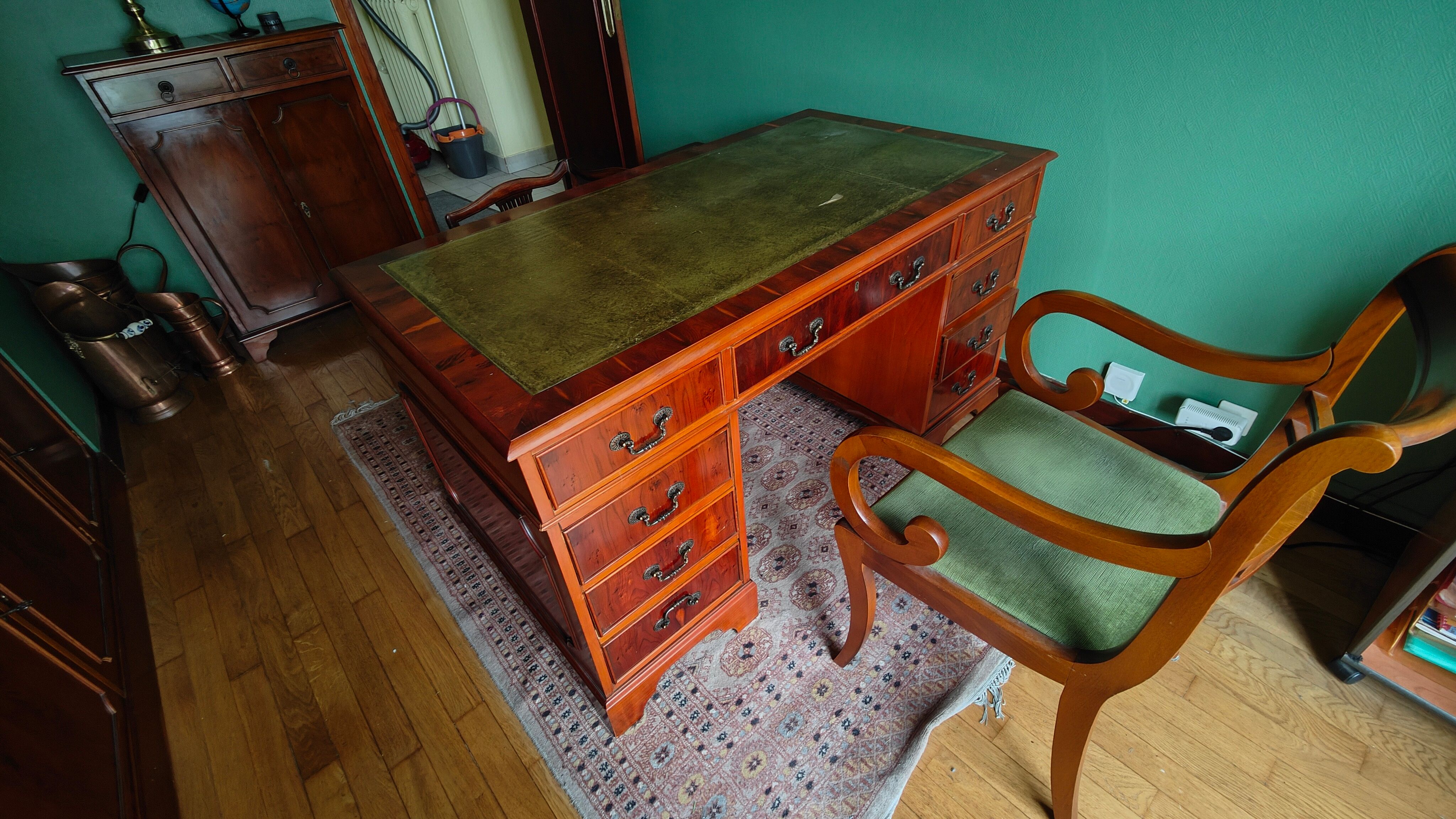 English-style mahogany desk and green leather top