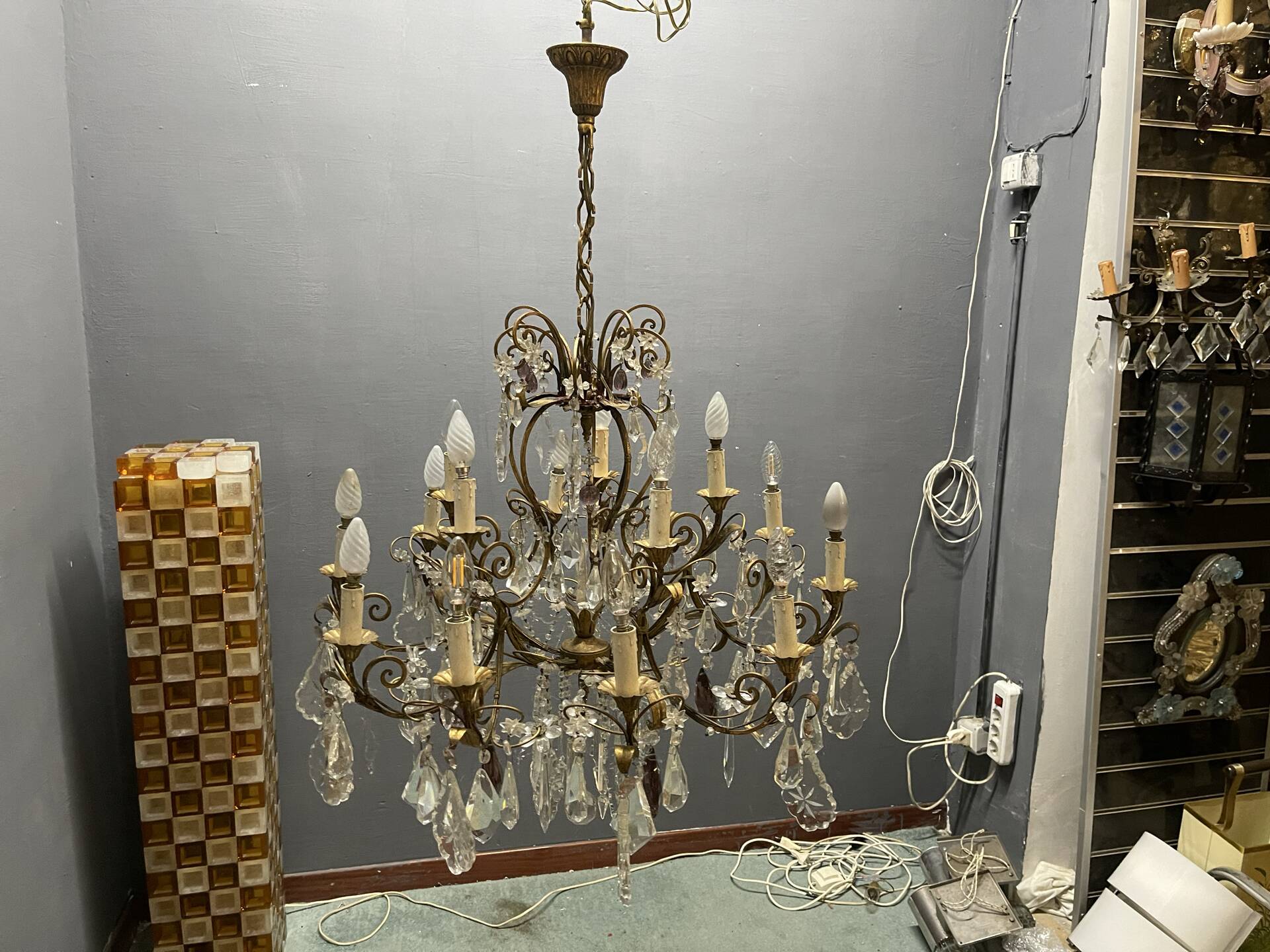 Large Florentine Tole Chandelier with Murano Glass Flowers, Italy, 195