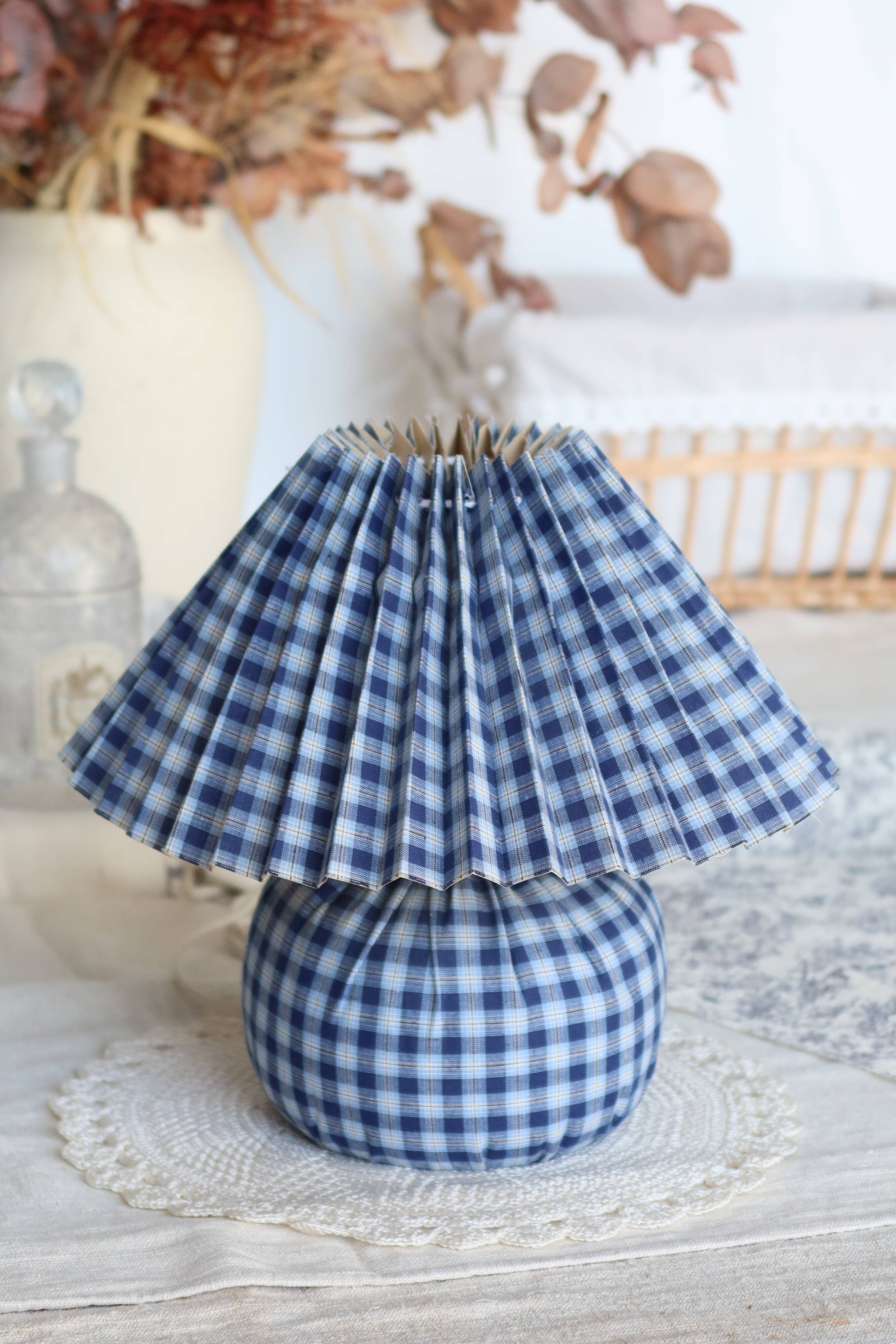 Jacadi vintage bedside lamp in blue and white tartan fabric