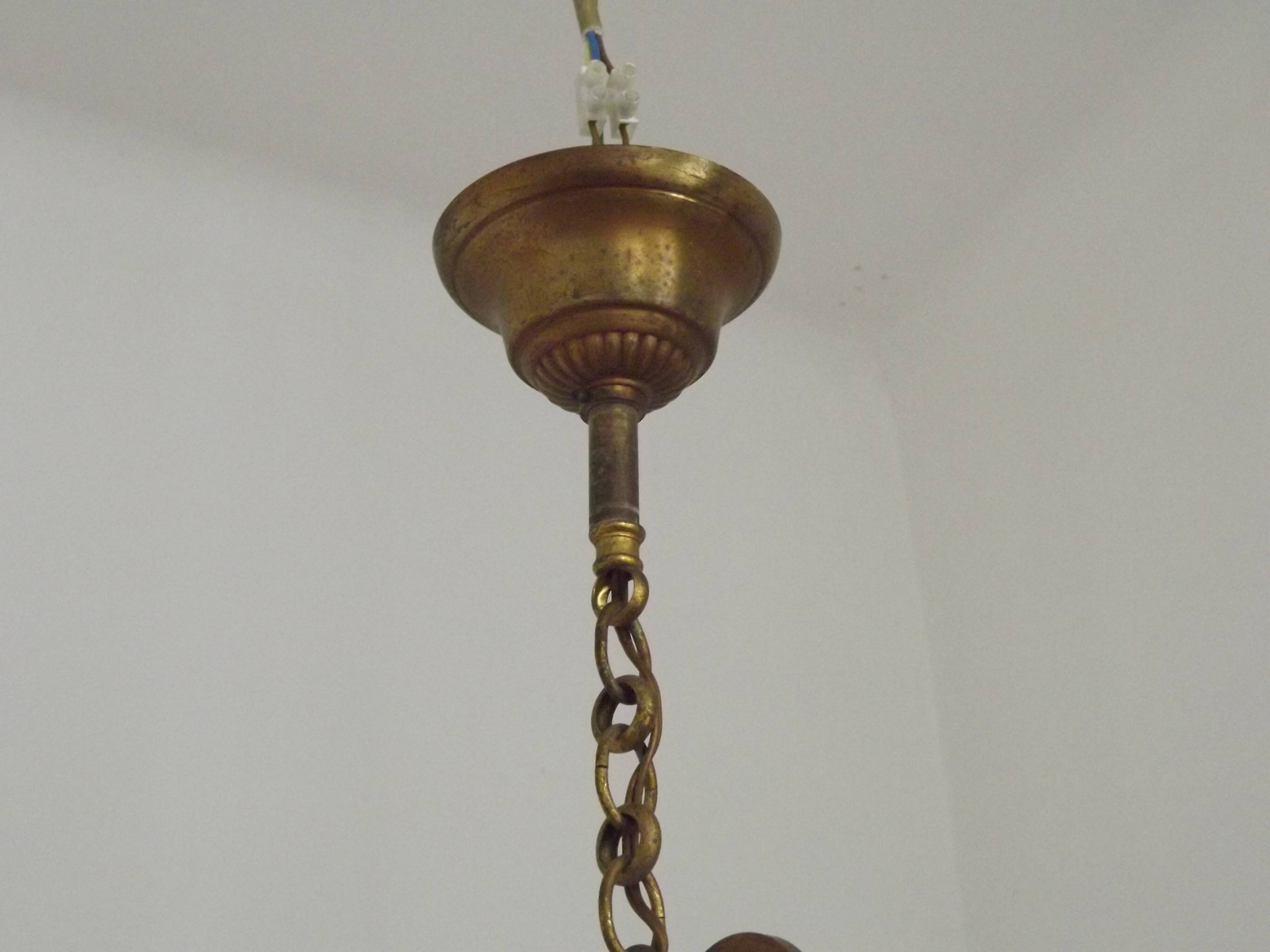 Small French Vintage Brass Single Light 4-Sided Crystal Cage Chandelier