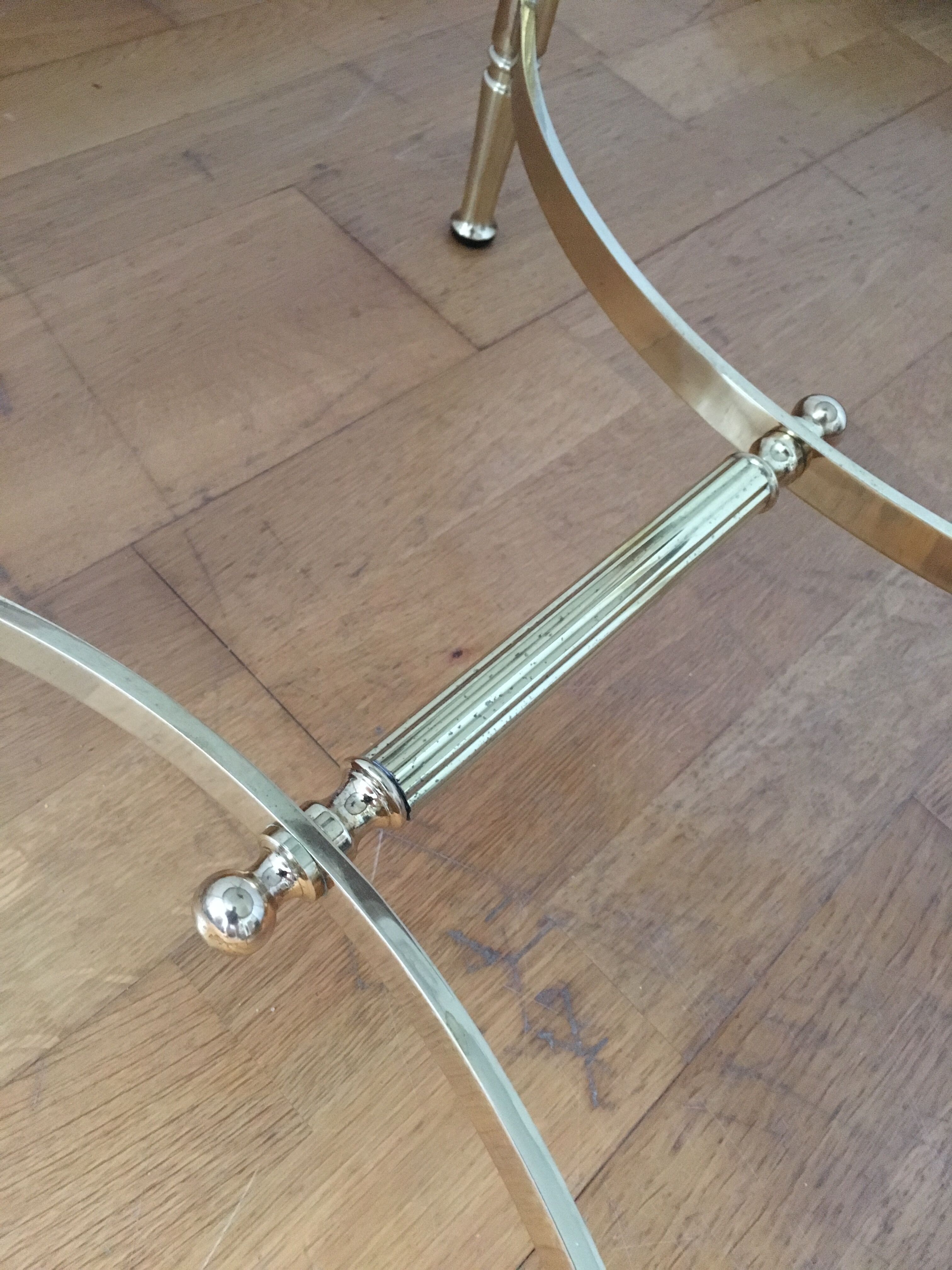 Brass round coffee table and smoked glass