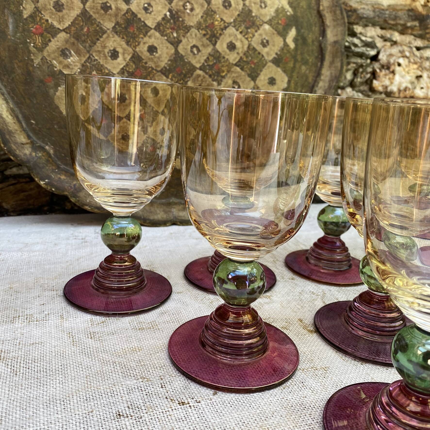 Vintage coloured tinted glass footed glasses