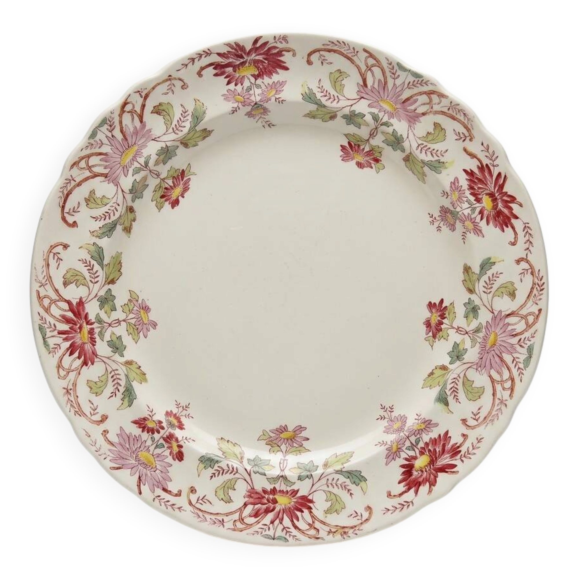 Plat de service ancien Longchamp Pâquerettes terre de fer polychrome XIXe