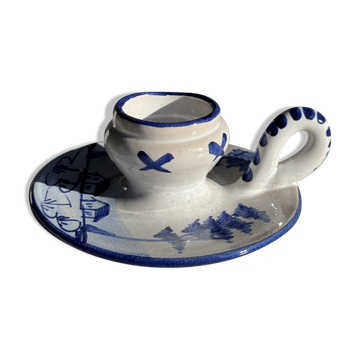 Dutch white and blue candlestick with windmill pattern.