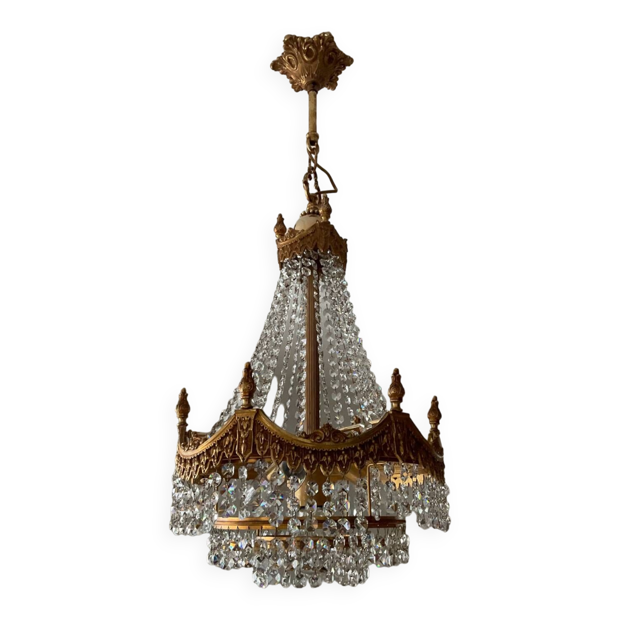 Lustre cascade en bronze et pampilles de cristal