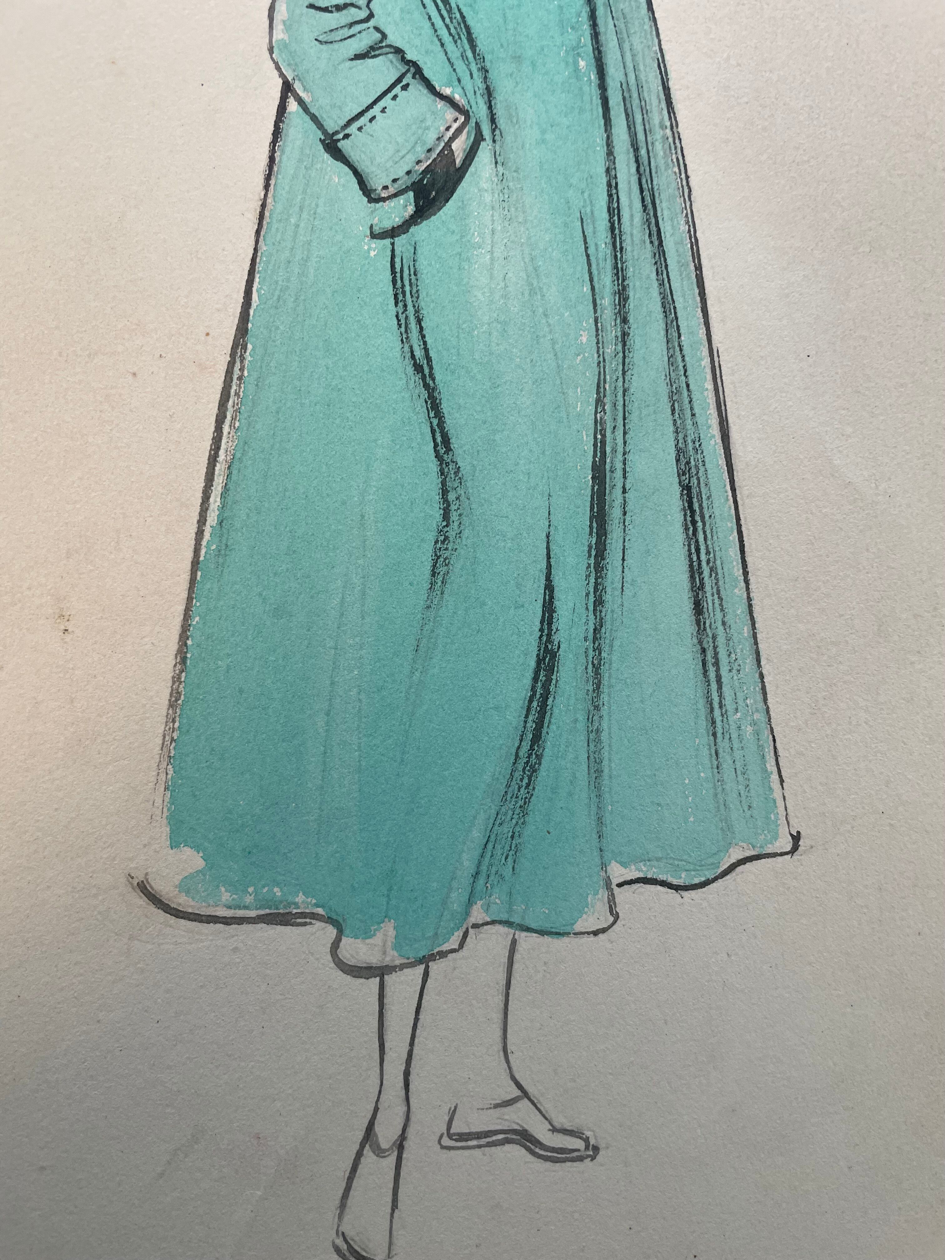 Painting painting fashion drawing women with blue coat years 30-50