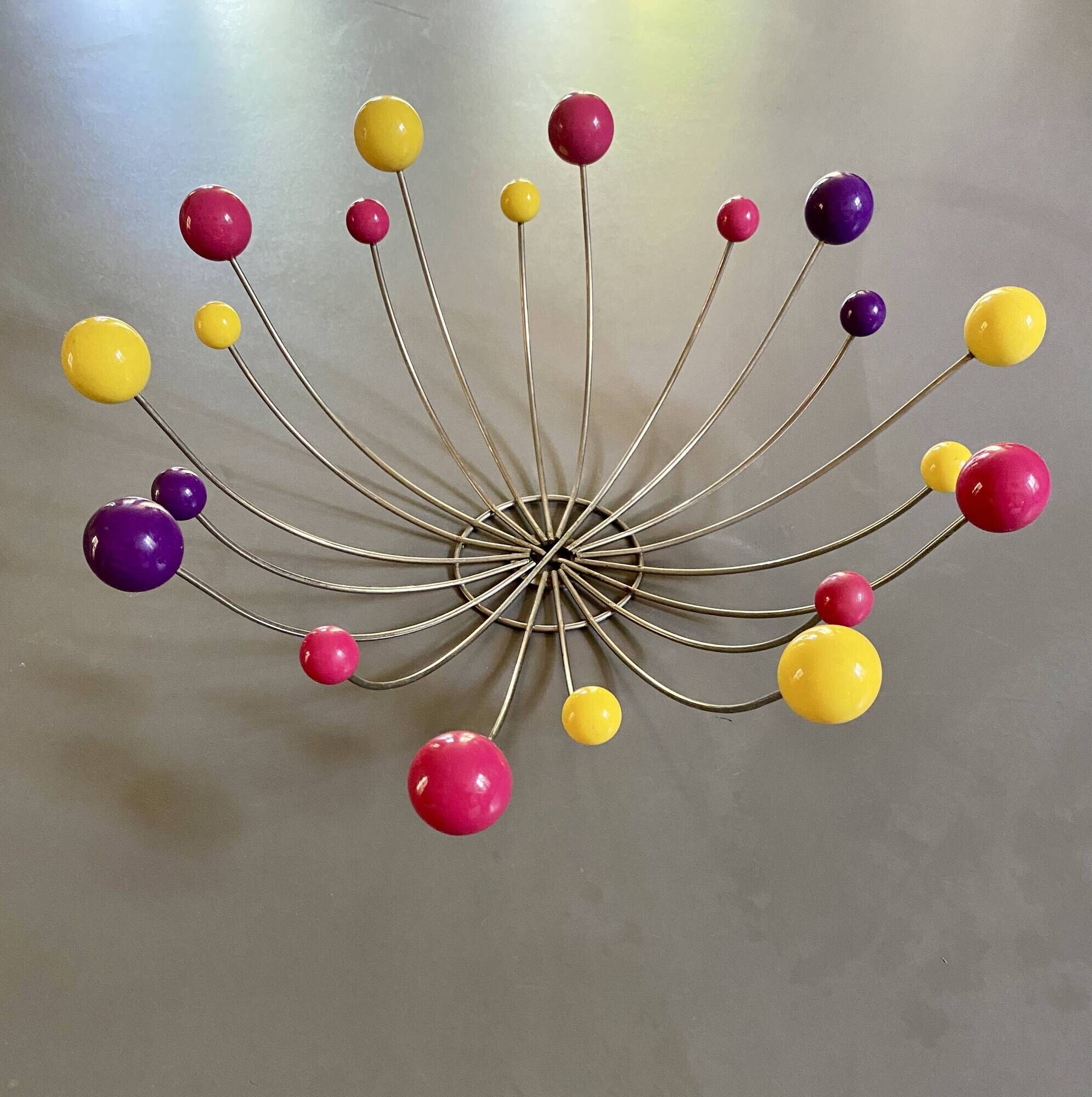 1950s fruit bowl, atomic sputnik, multicolored wooden balls and metal