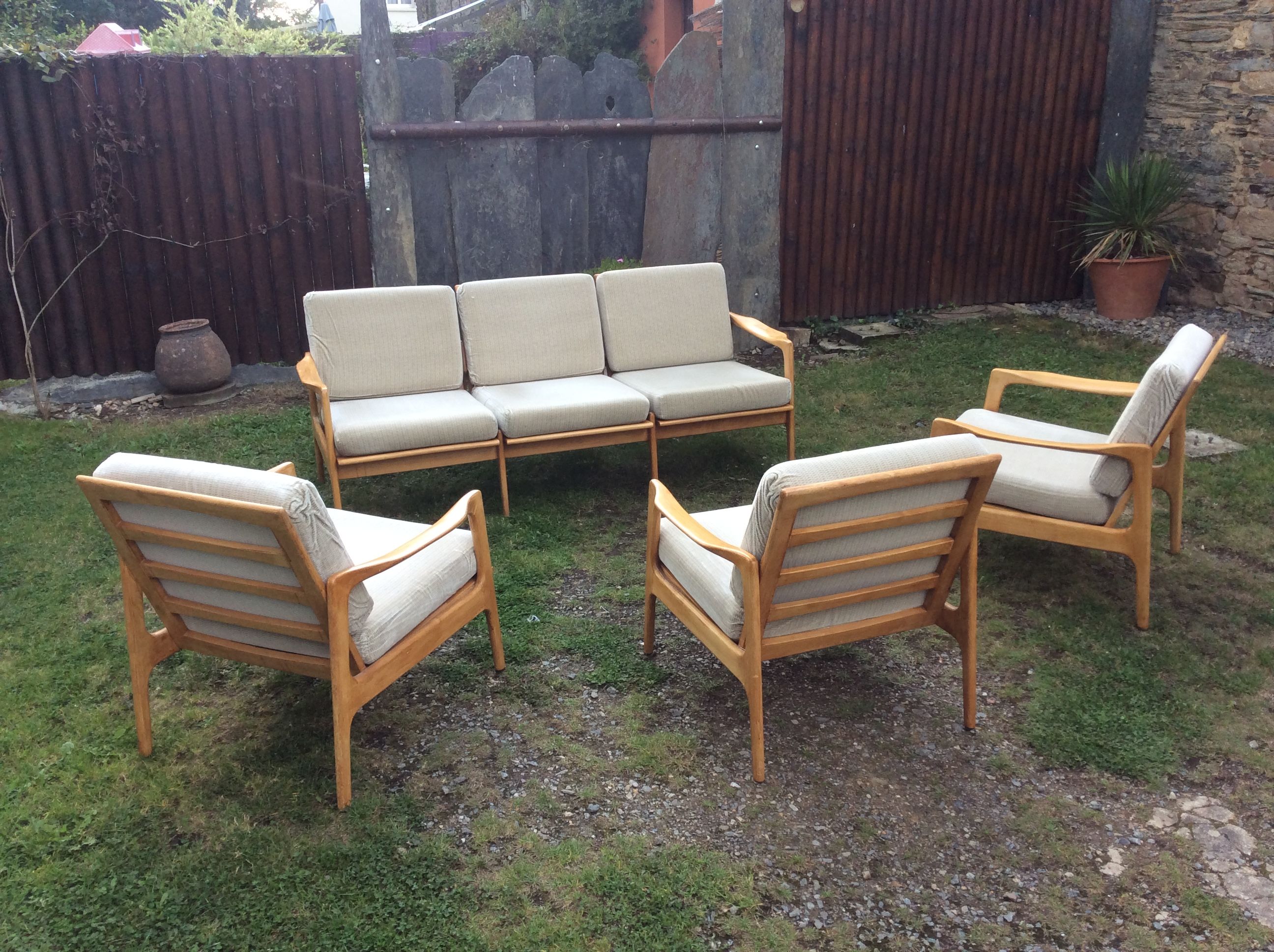 Vintage Scandinavian bench and armchairs of 4 pieces, 1 bench and 3 armchairs.