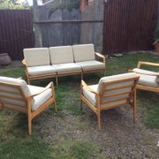 Vintage Scandinavian bench and armchairs of 4 pieces, 1 bench and 3 armchairs.