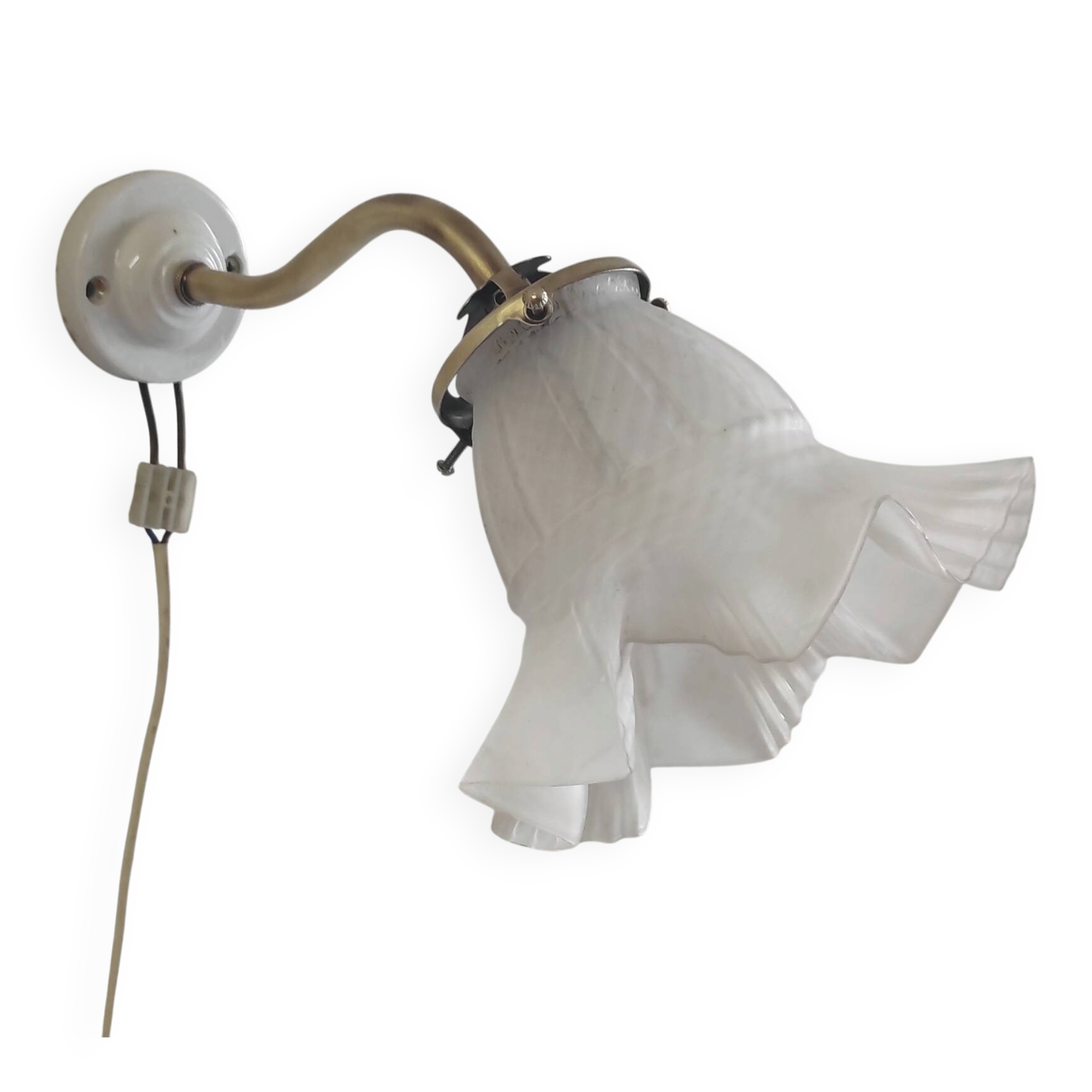 Applique col de cygne en laiton, porcelaine et verre - mid. XXeme
