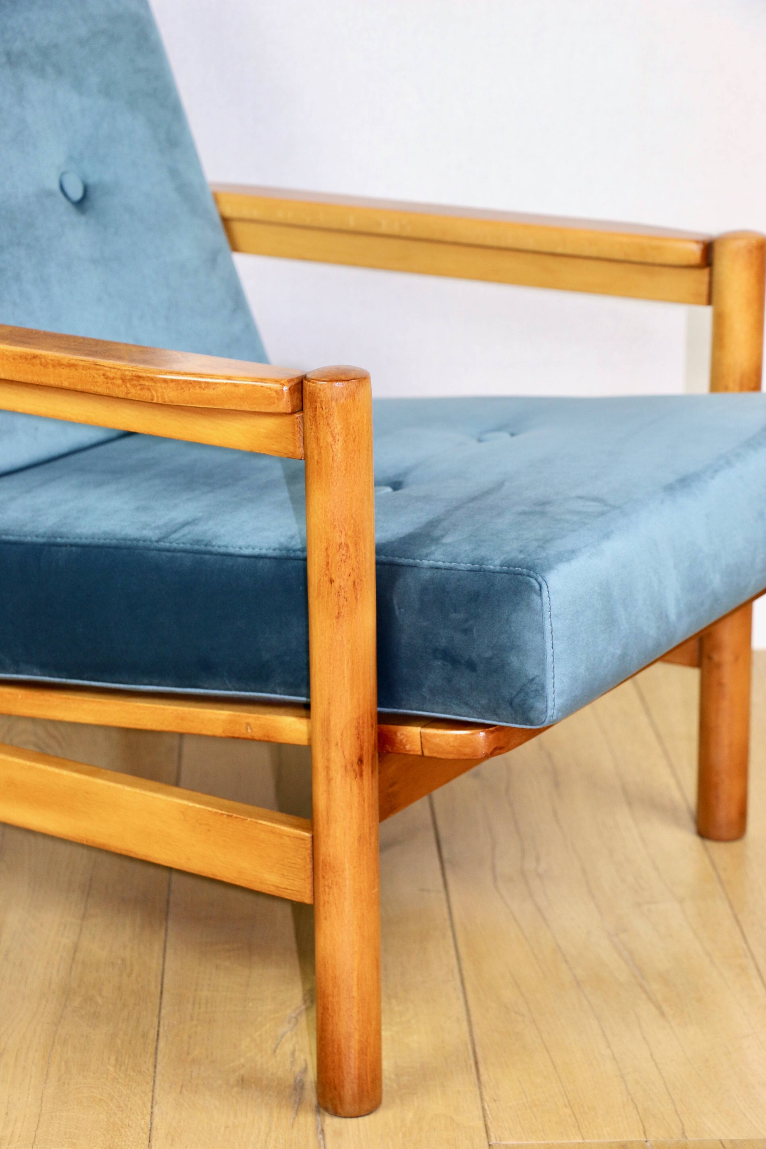 Wooden vintage armchair brown sea blue design by Z. Bączyk - light wood