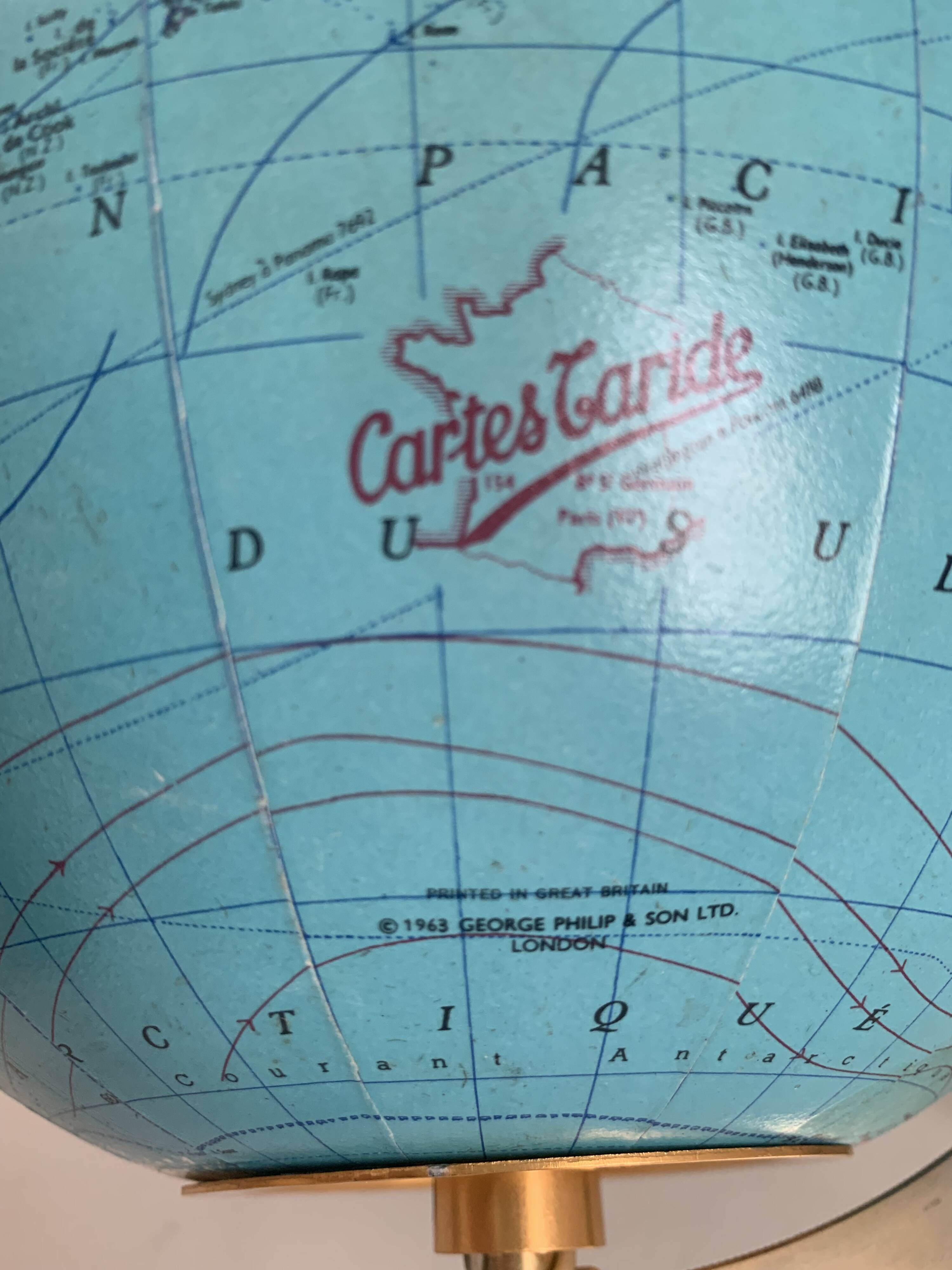 Globe vintage 1963 terrestrial Taride tripod glass world map - 28 cm