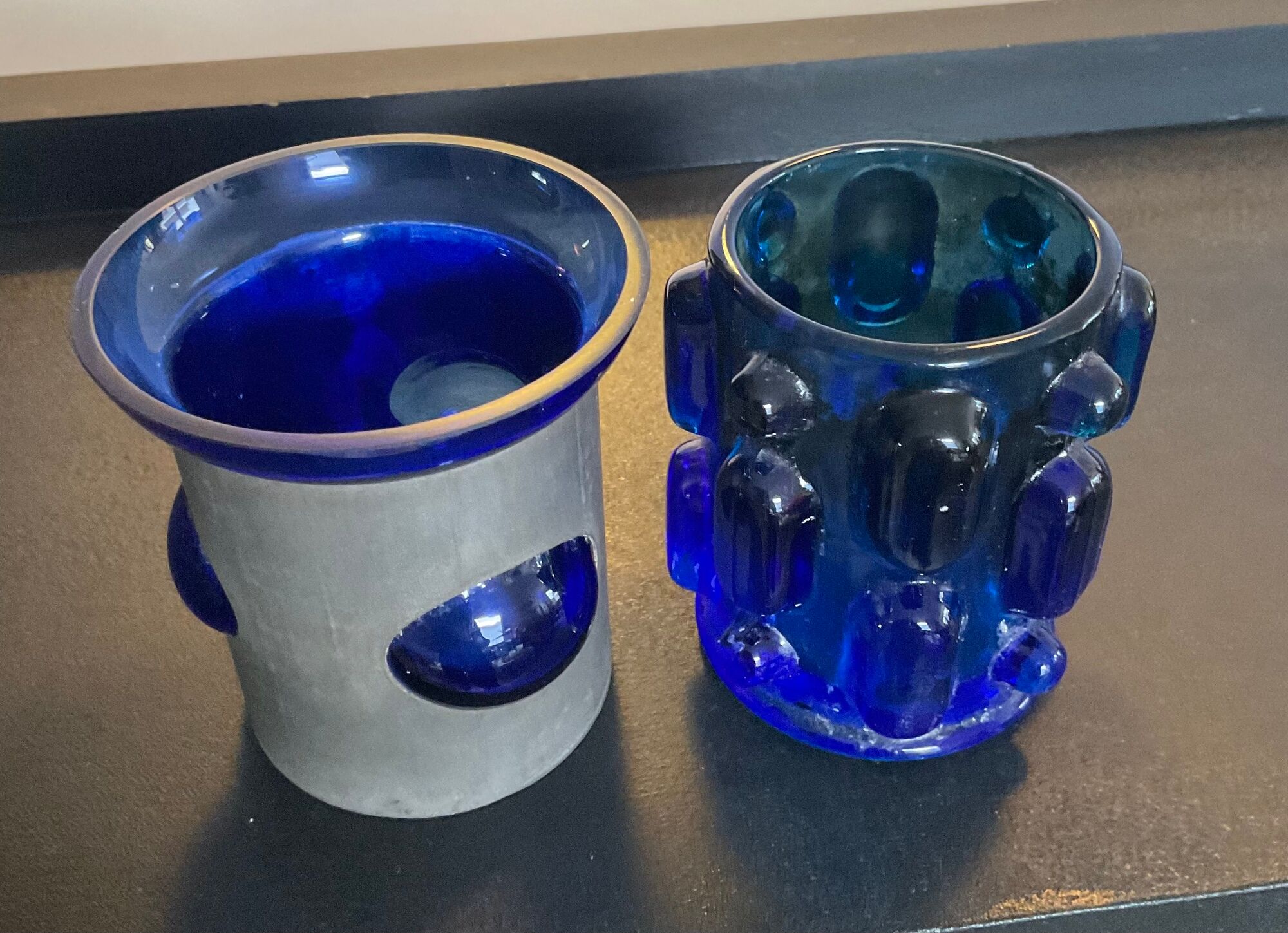 Duo of Art Deco candlesticks in blue glass paste