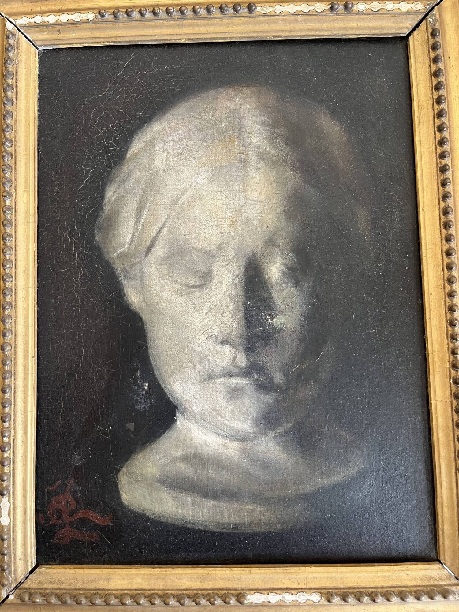 Study of a young girl in plaster, oil on canvas, 19th century, gilded frame.