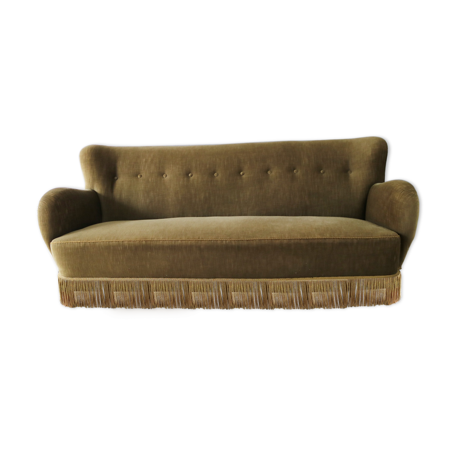 1930’s Danish sofa in green velour with fringed bottom