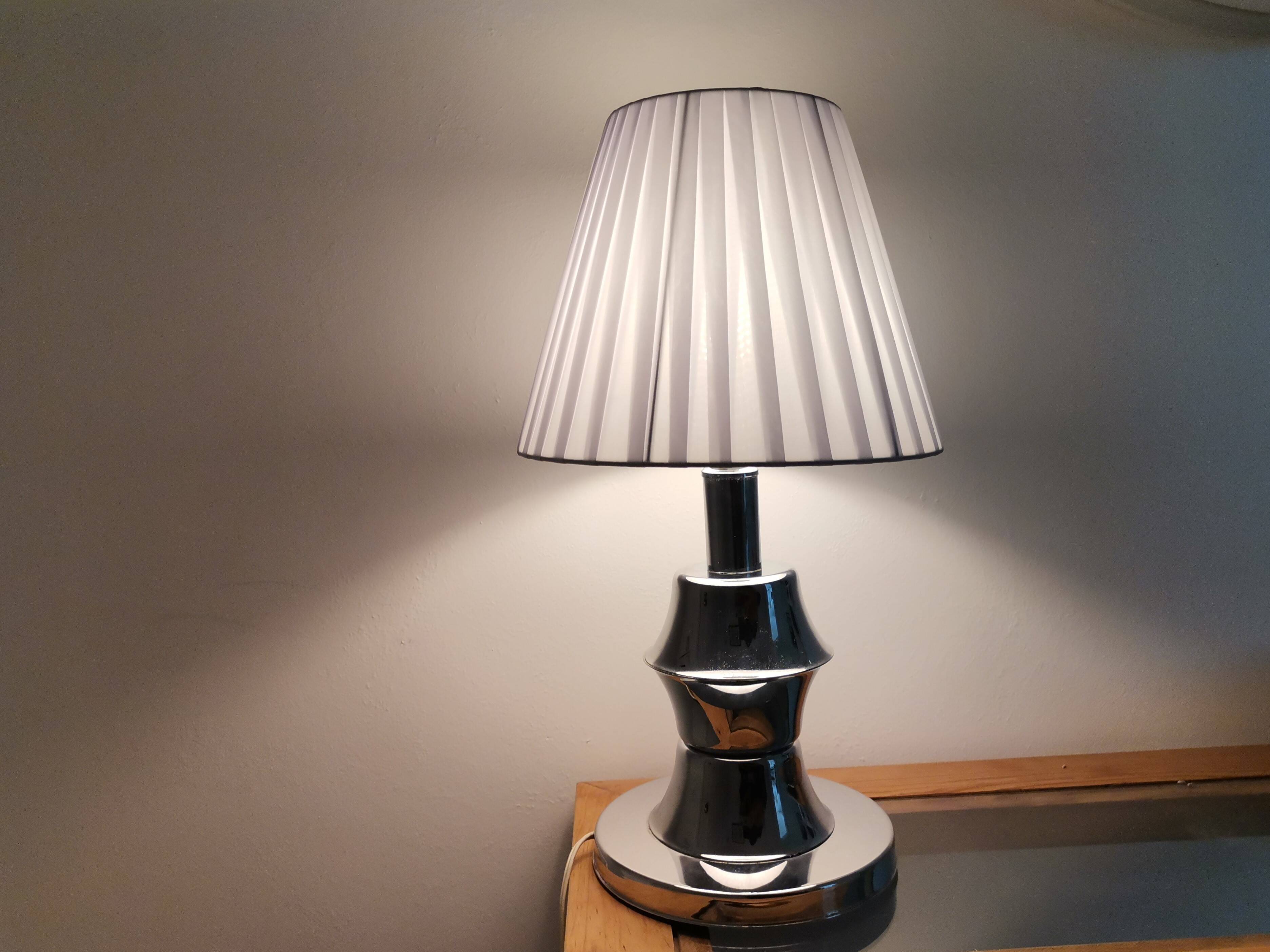 Mid Century Modern chromed table lamp with white pleated shade