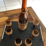 Aperitif service amber glass and vintage rattan