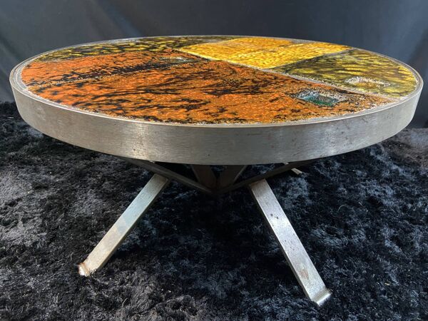 Table basse Roche Bobois design 1960-1970 plateau céramique sur métal