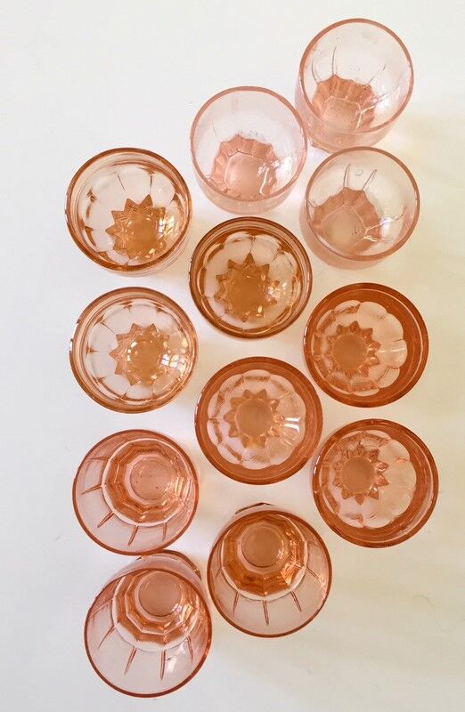 Set of 12 antique small pink glasses