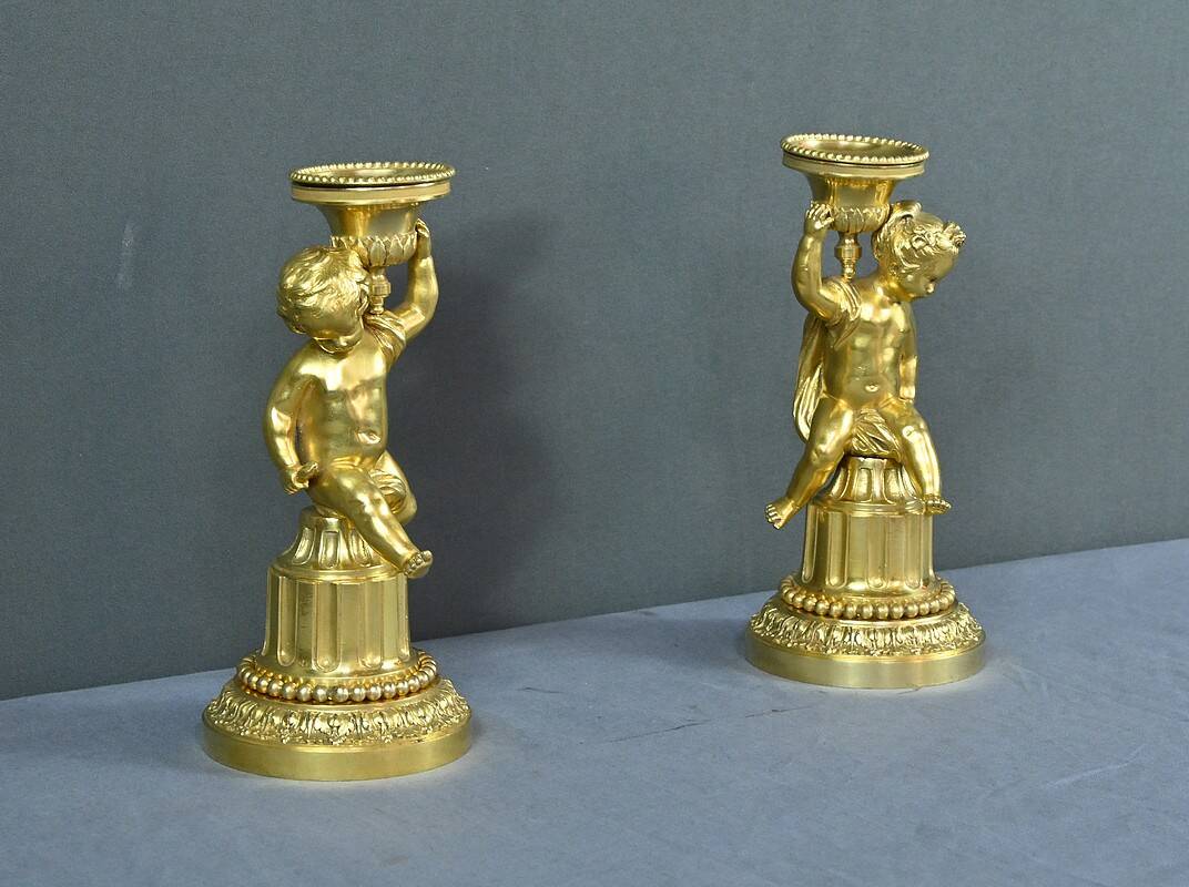 Pair of Gilt Bronze Candlesticks, Louis XVI Style – Mid 19th Century