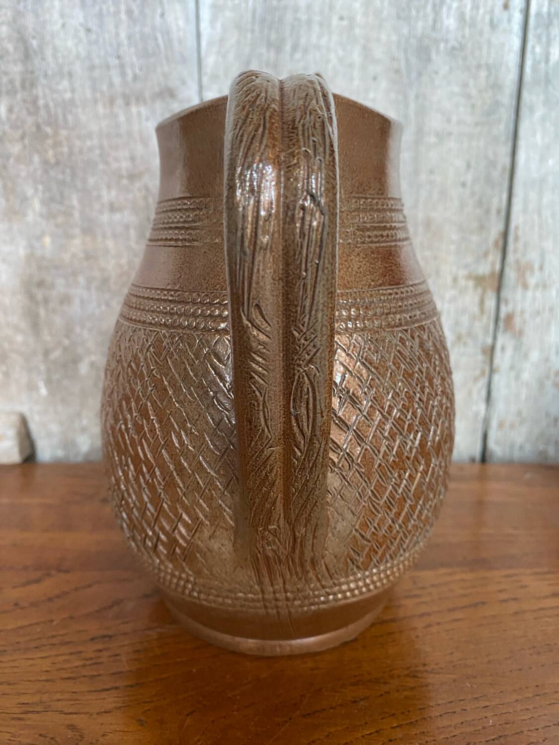 Antique brown stoneware pitcher geometric chiseled decor made in france vintage