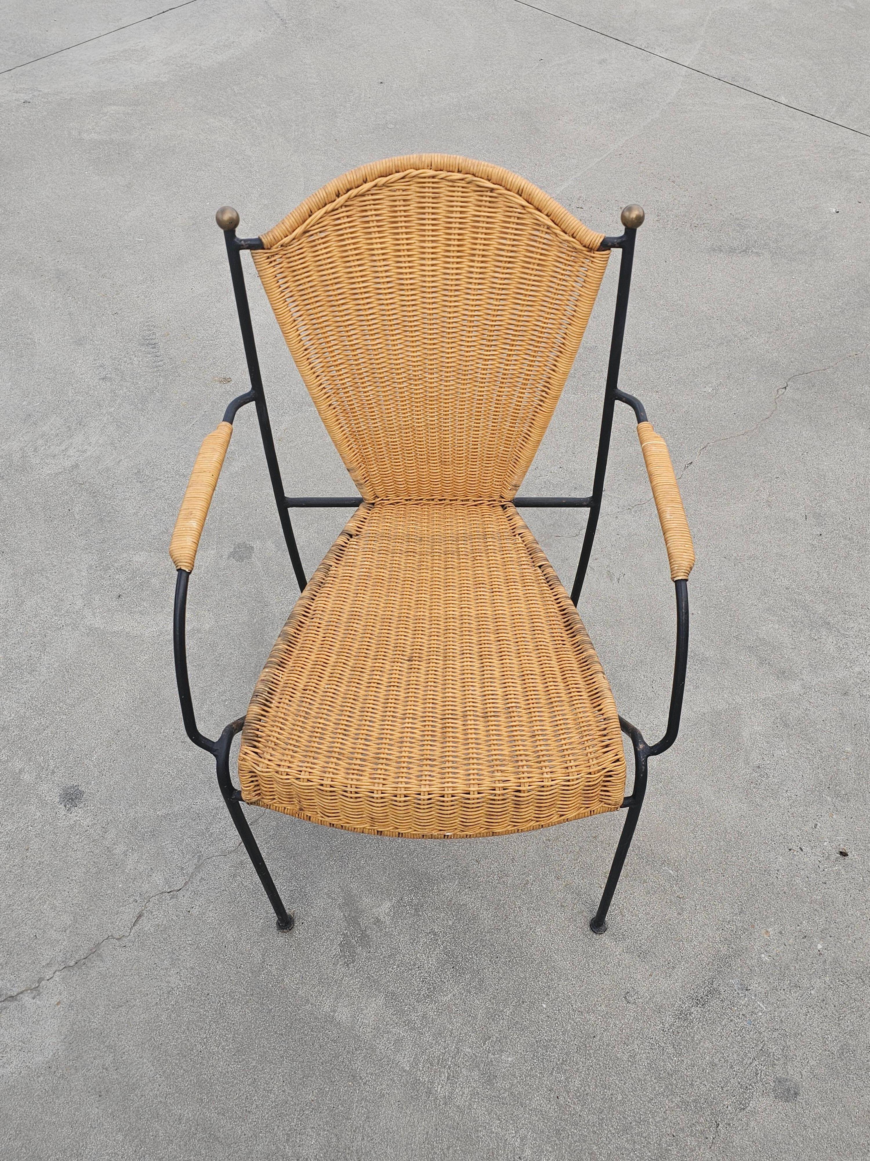 Mid-Century Chair by Frederic Weinberg in Rattan, Iron and Brass