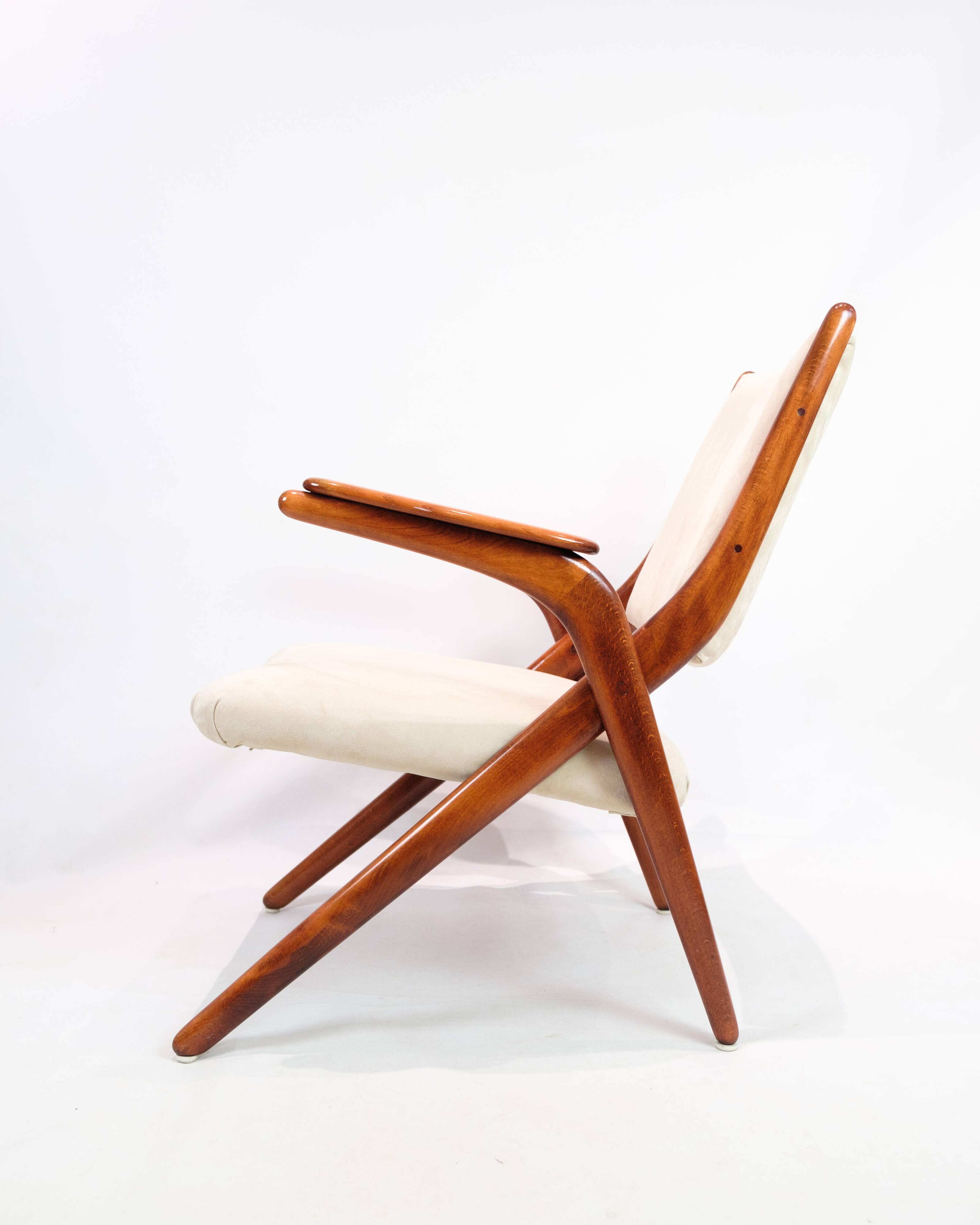 Armchair Made In Polished Dark Wood & Light Fabric By Arne Hovmand-Olsen From 1960s