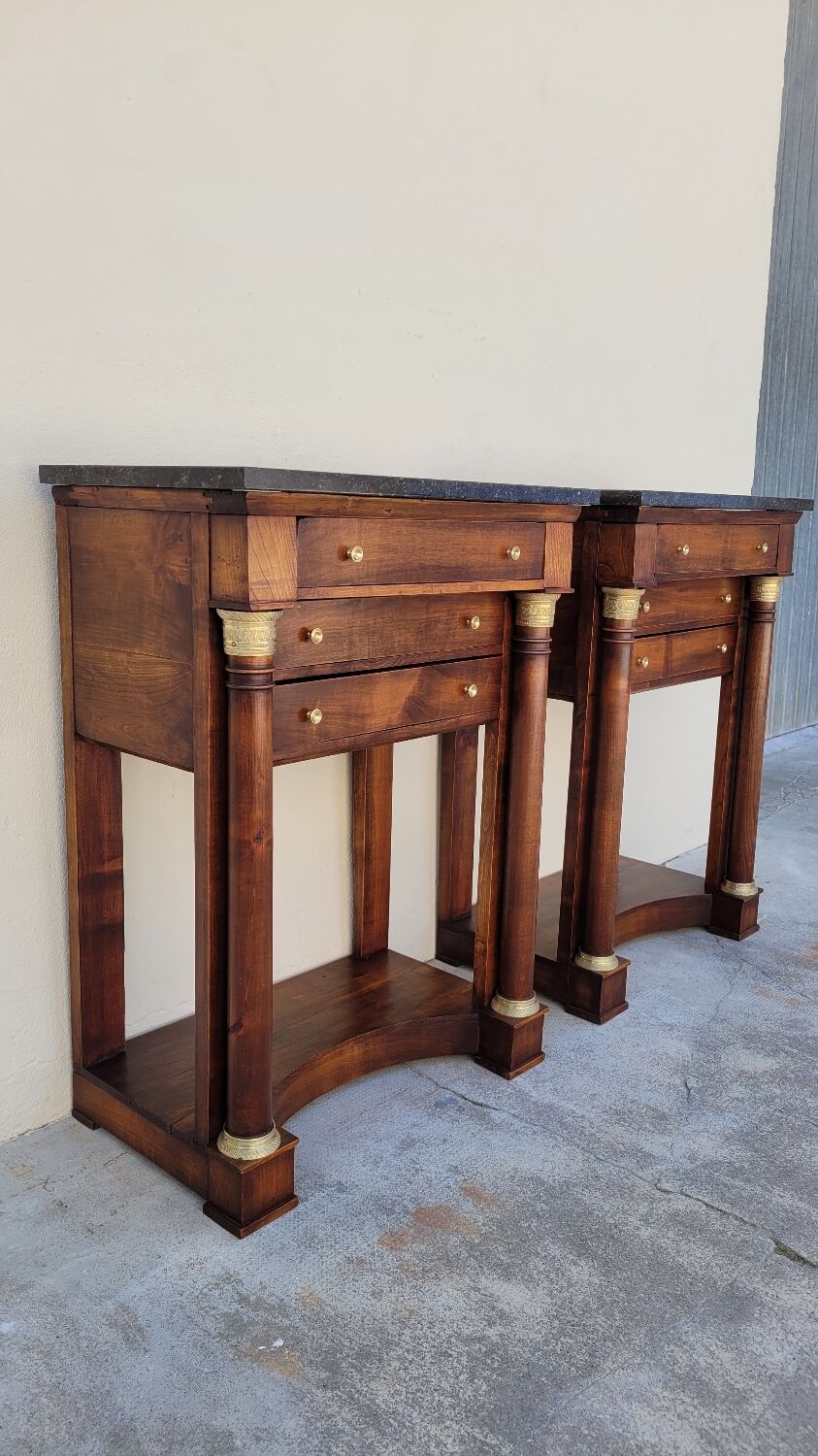 Pair of empire consoles in mahogany and 19th century marble