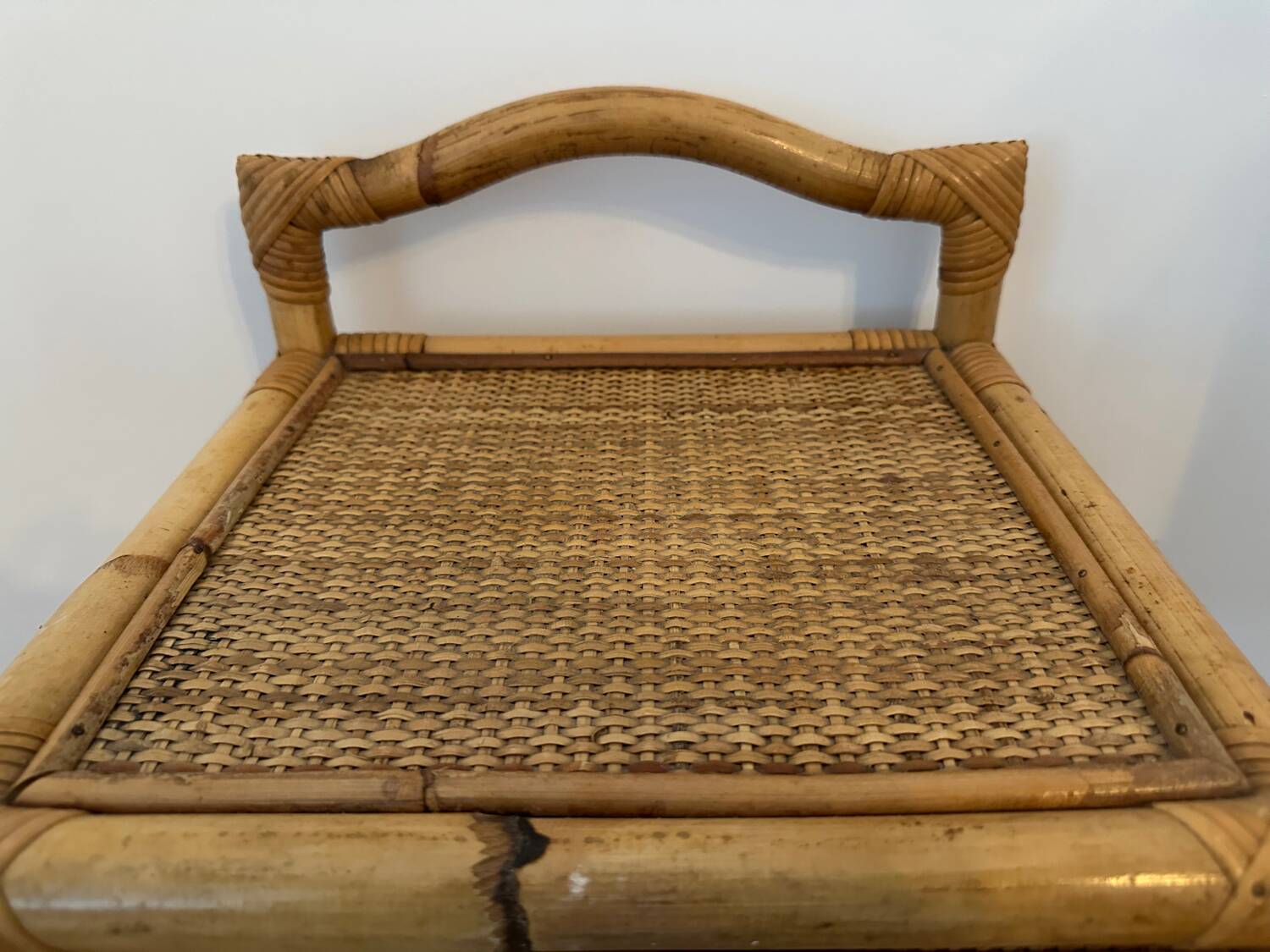 Antique rattan bedside table with vintage drawer