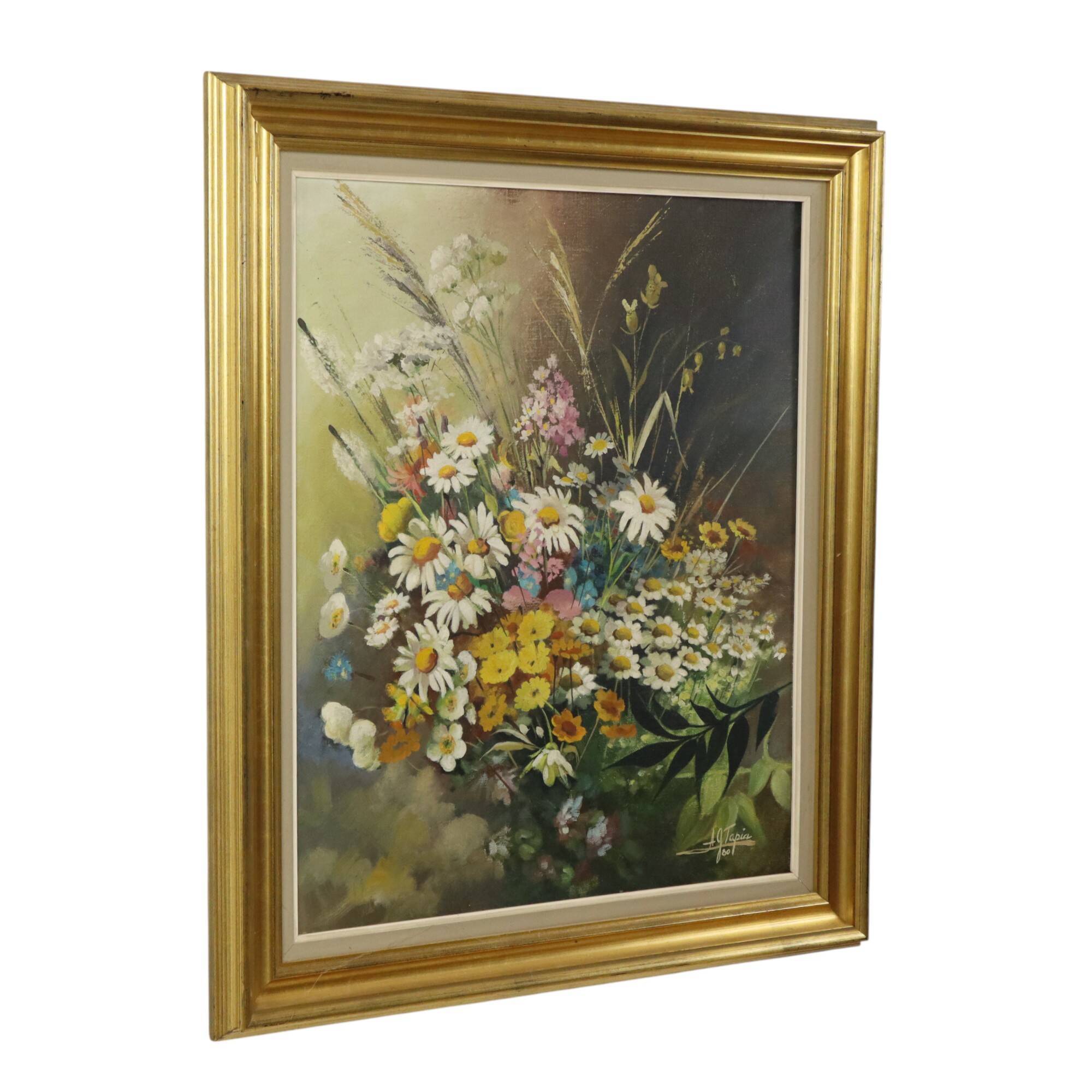 Flowers Bouquet Still Life Painting Oil on Canvas Framed Signed
