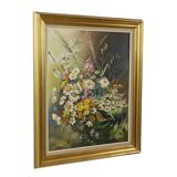 Bouquet de fleurs Nature morte Peinture à l'huile sur toile Encadrée Signée