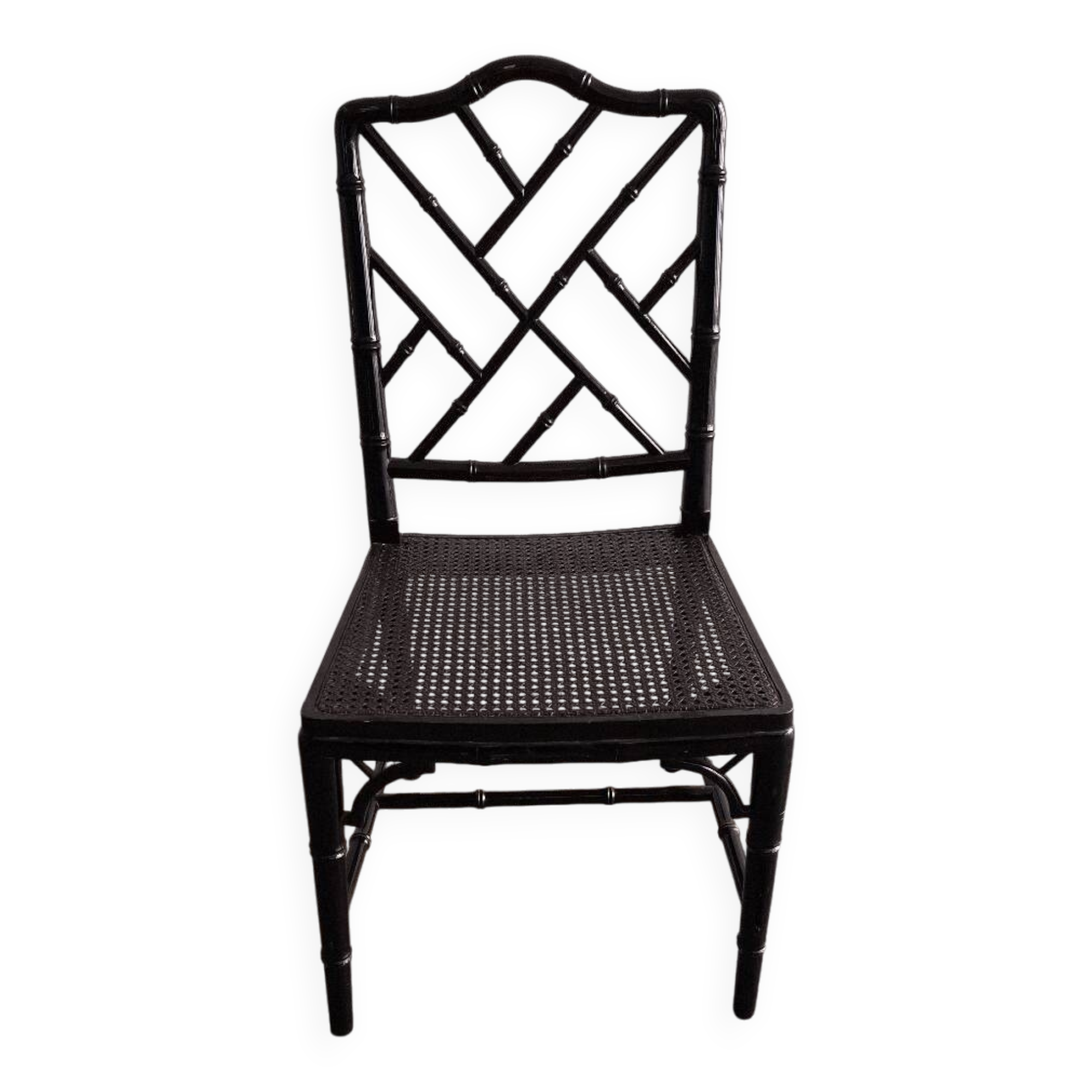 Black lacquered chair, faux bamboo, Chippendale, Jonathan Adler